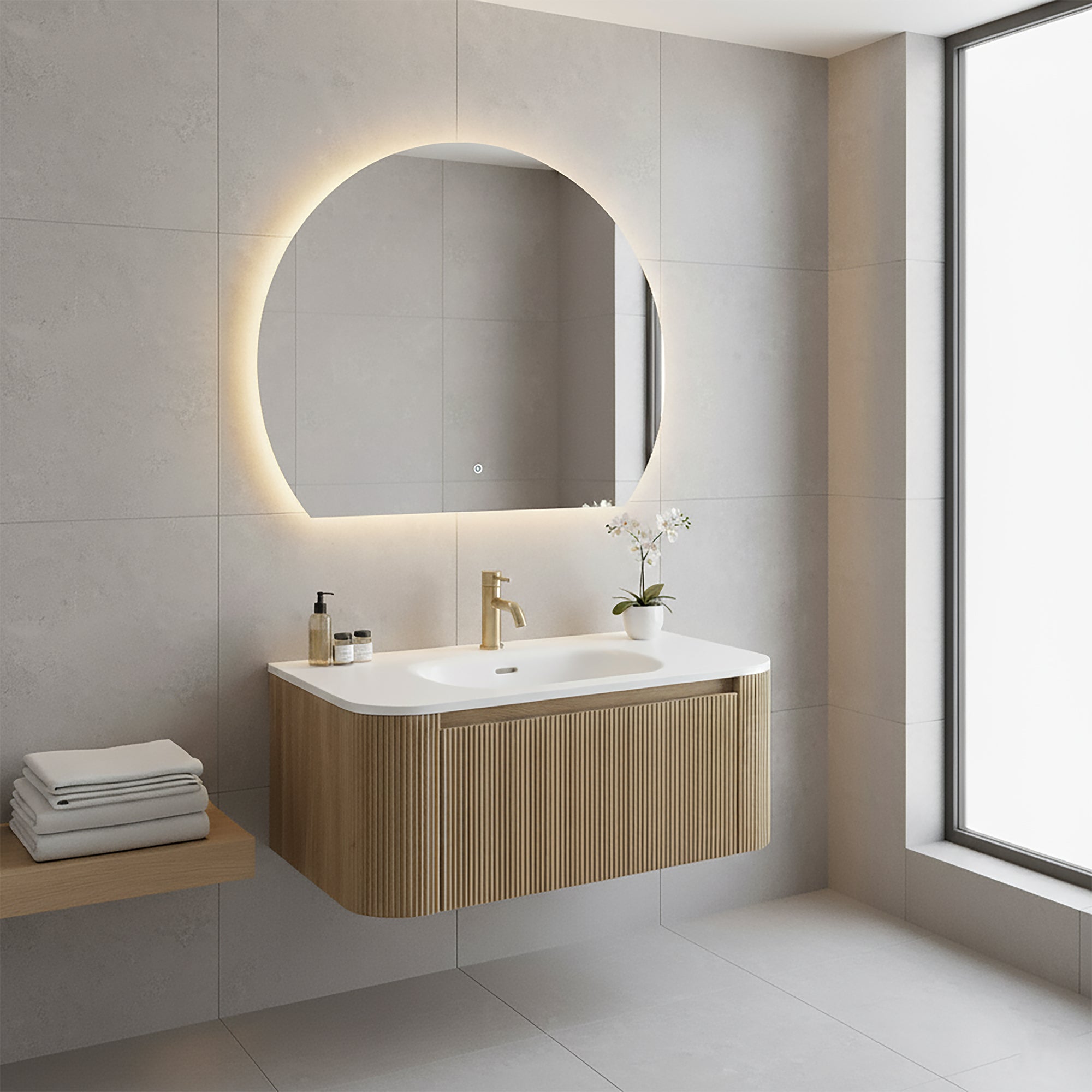 florence 870 wall mounted curved vanity unit with matt white basin country oak lifestyle