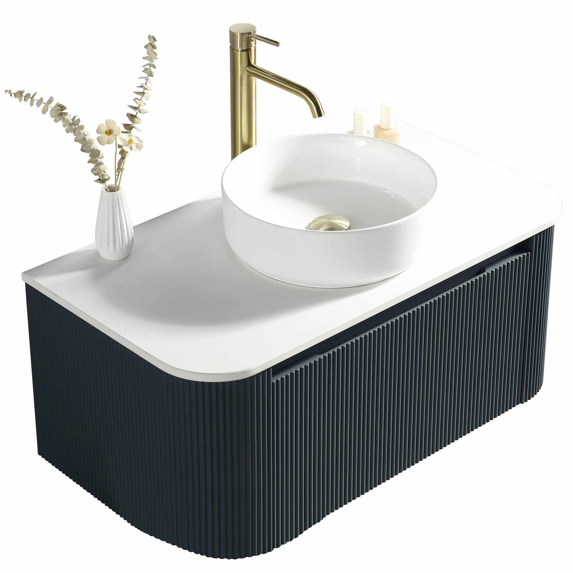 florence 870mm curved midnight shadow fluted wall mounted vanity unit with sintered stone countertop