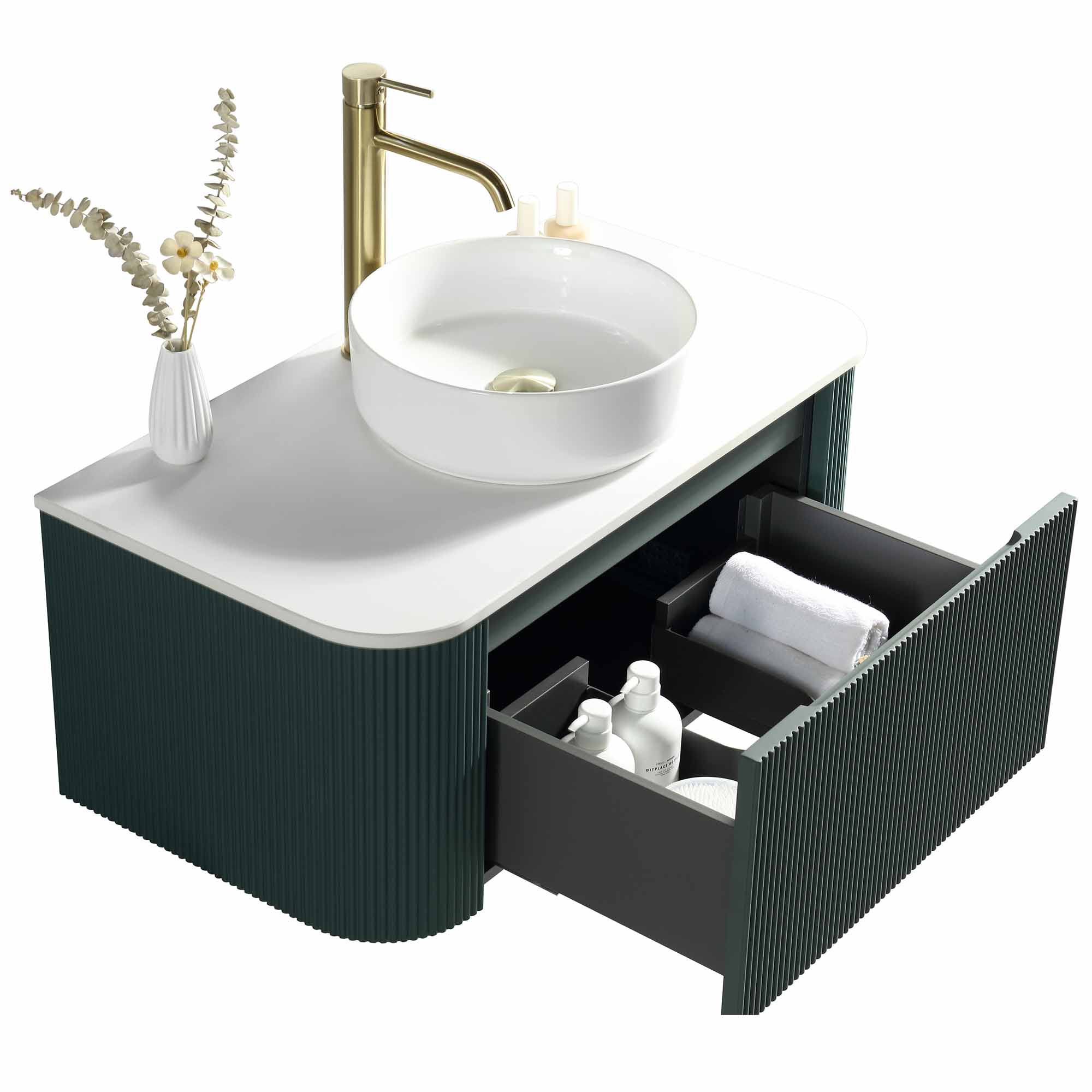 florence 870mm curved smoked sage fluted wall mounted vanity unit with sintered stone countertop
