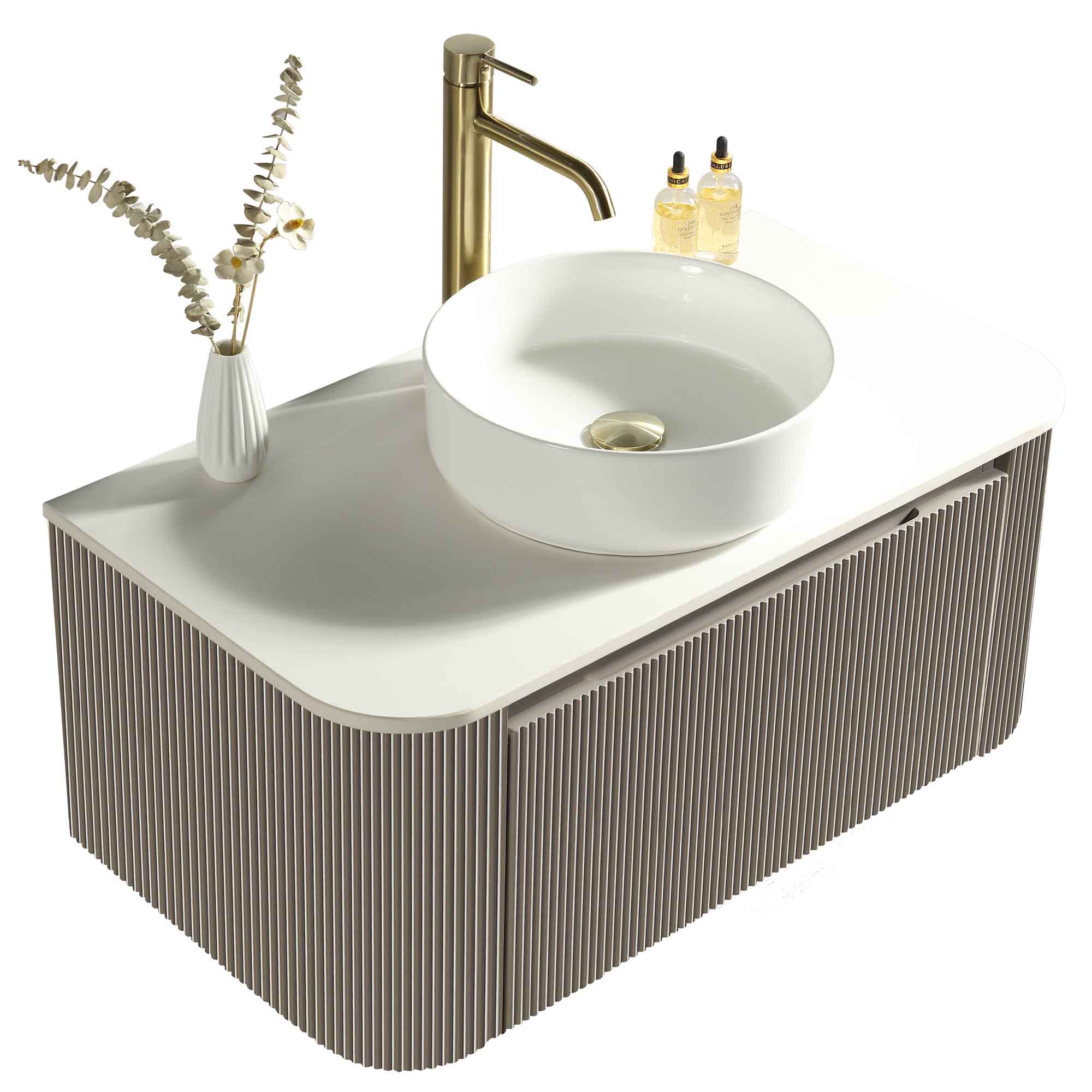 florence 870mm curved soft coffee fluted wall mounted vanity unit with sintered stone countertop