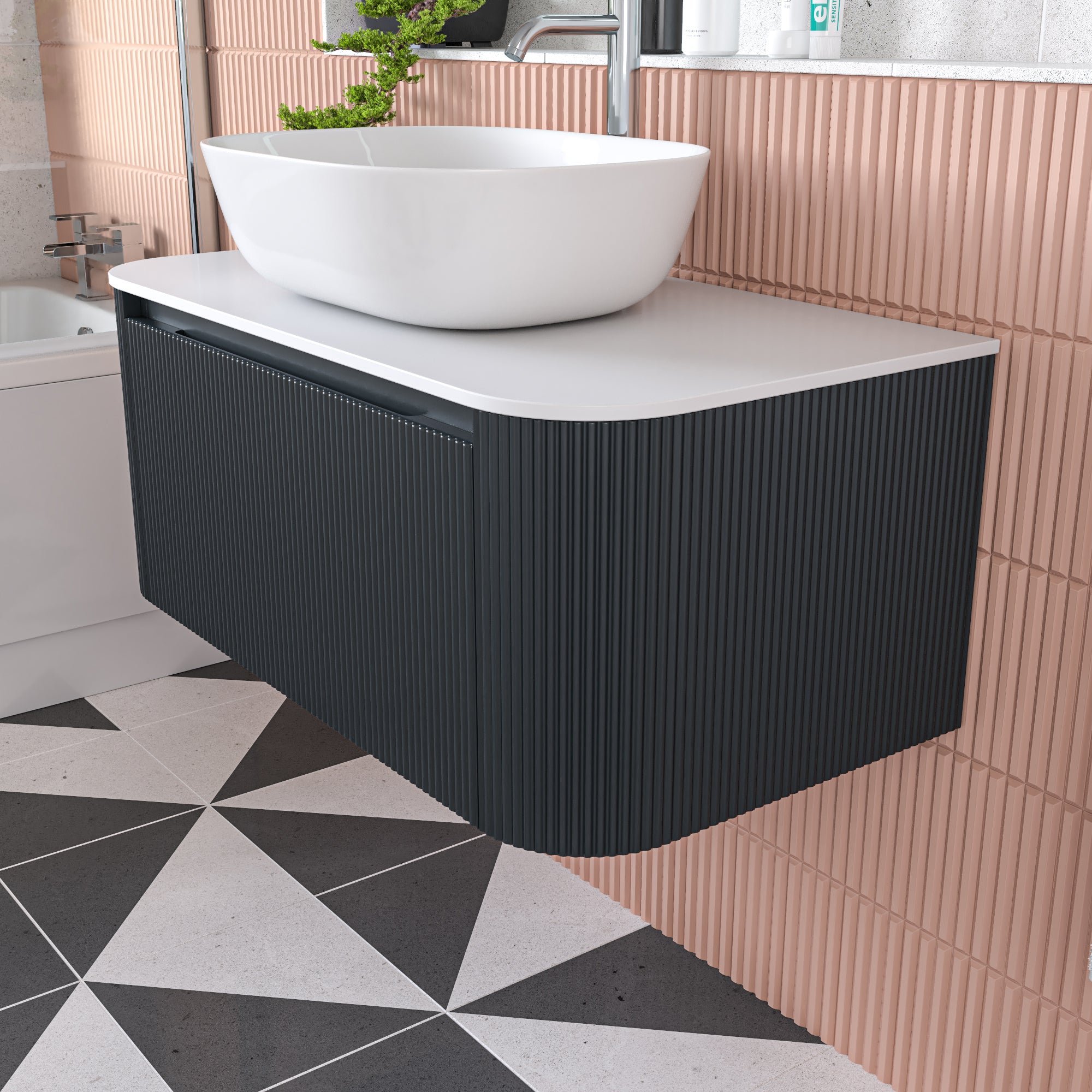 Florence Fluted 870 Curved Wall Mounted Vanity Unit With Worktop - Midnight Shadow