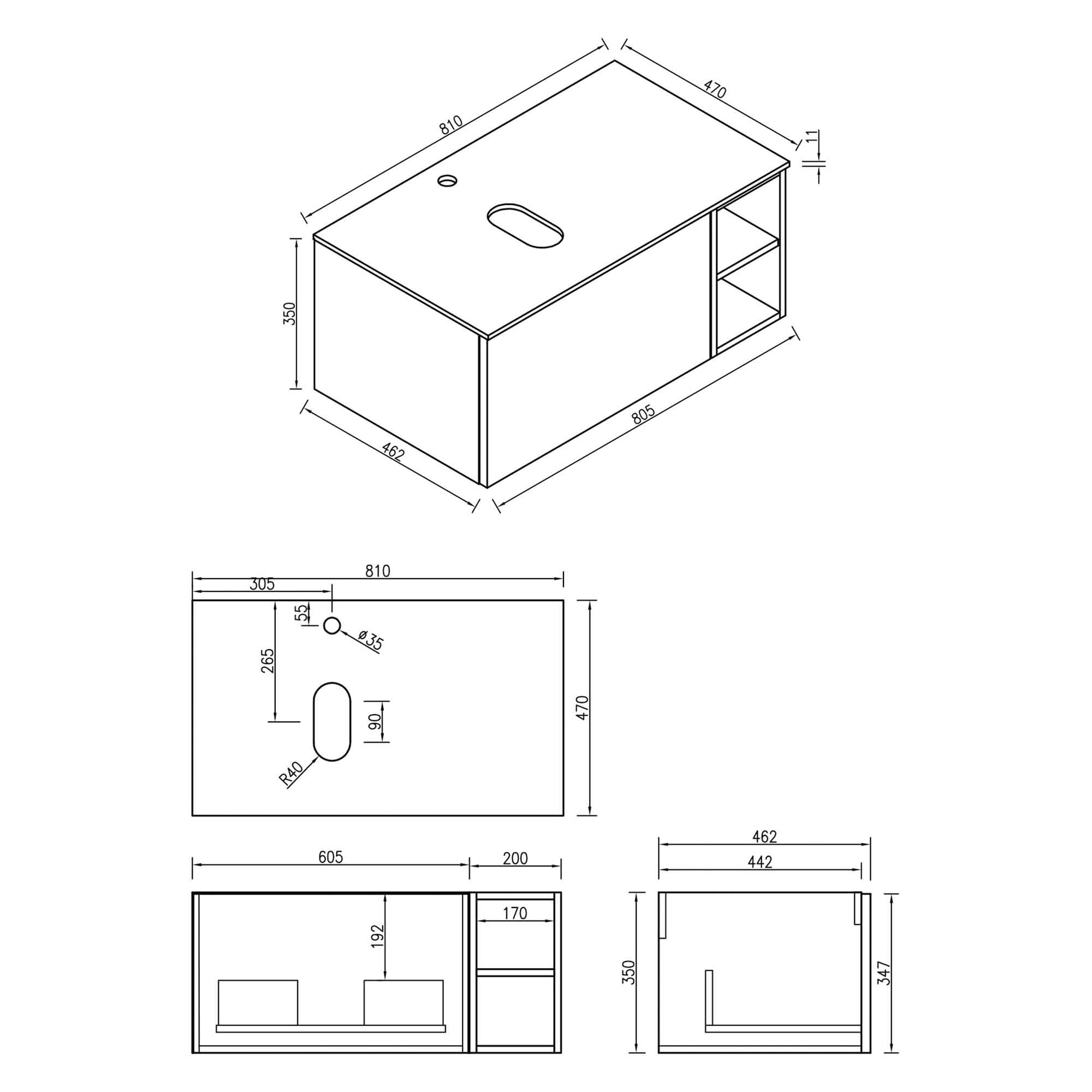 florence fluted 800 wall mounted vanity unit with side storage and stone worktop dimensions