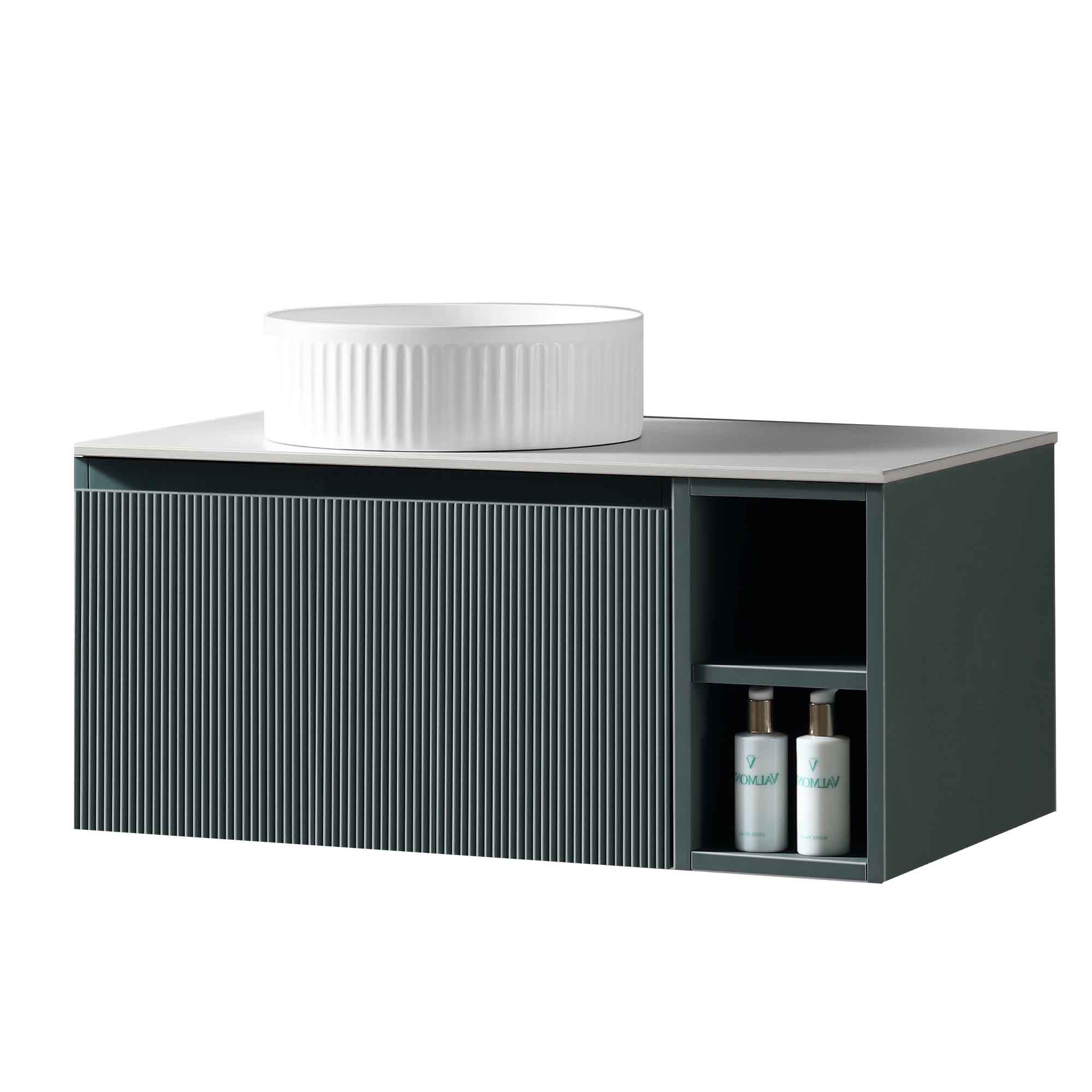 florence fluted 800 wall mounted vanity unit with side storage and left hand stone worktop smoked sage