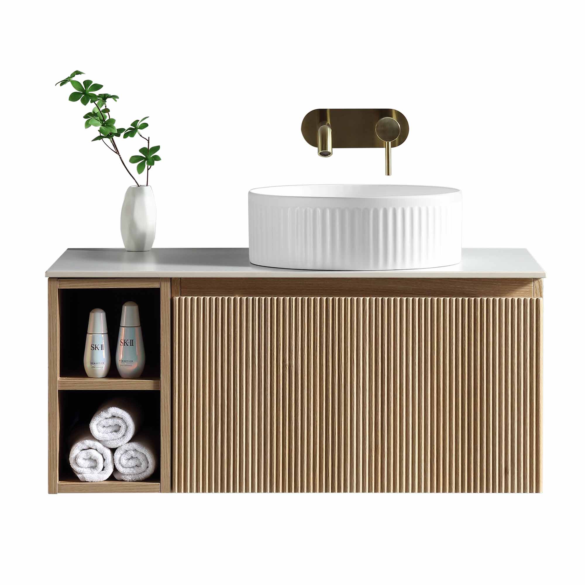 florence fluted 800 wall mounted vanity unit with side storage and right hand stone worktop country oak