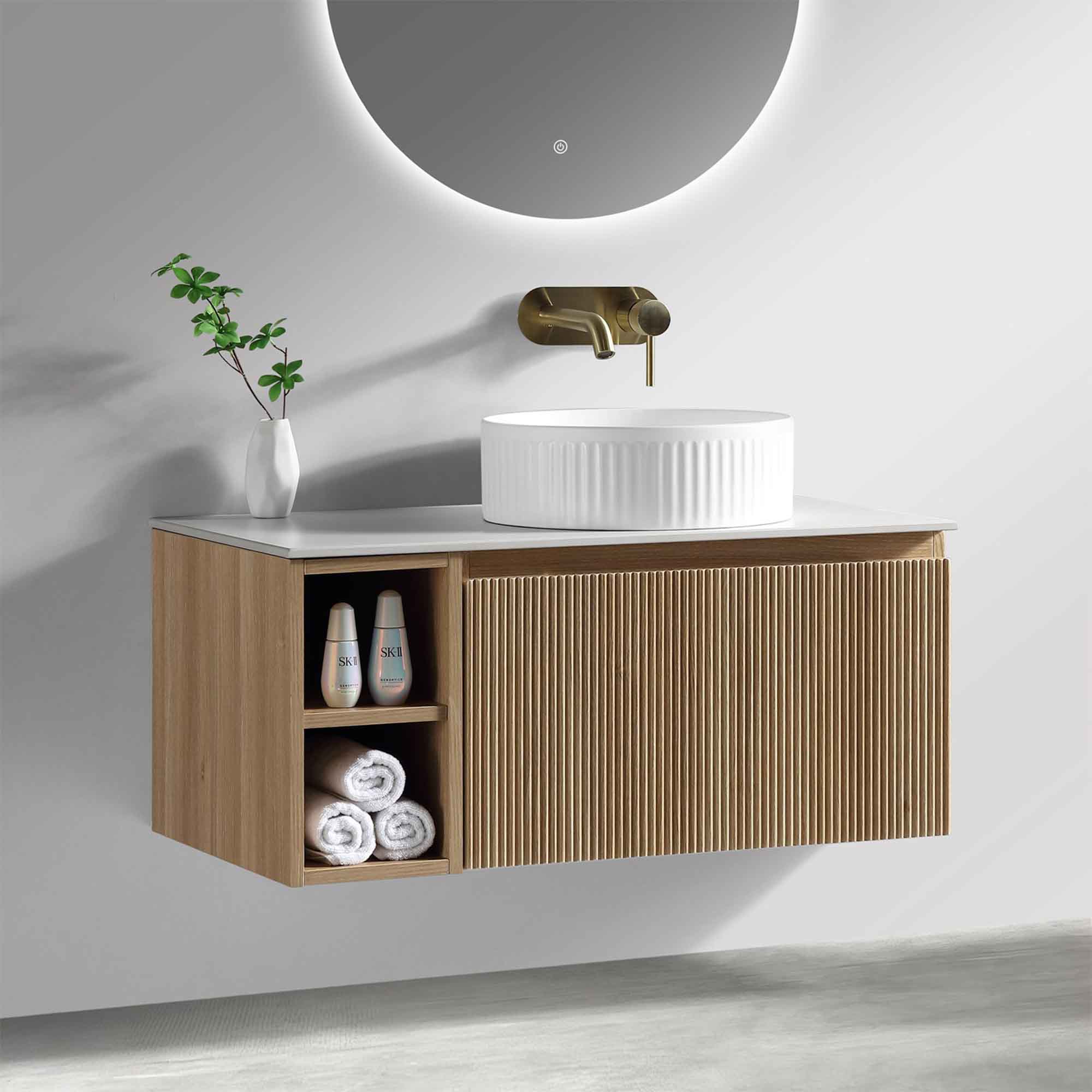 florence fluted 800 wall mounted vanity unit with side storage and right hand stone worktop country oak