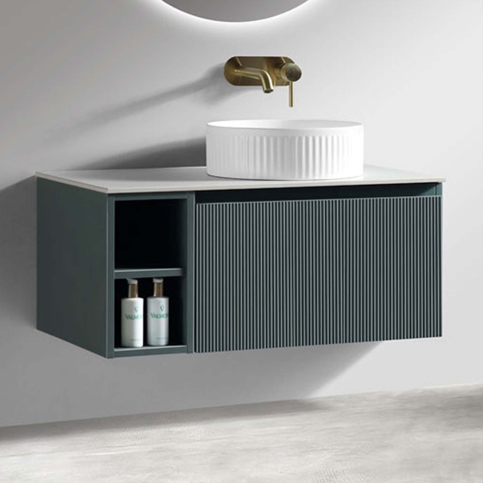 florence fluted 800 wall mounted vanity unit with side storage and right hand stone worktop smoked sage