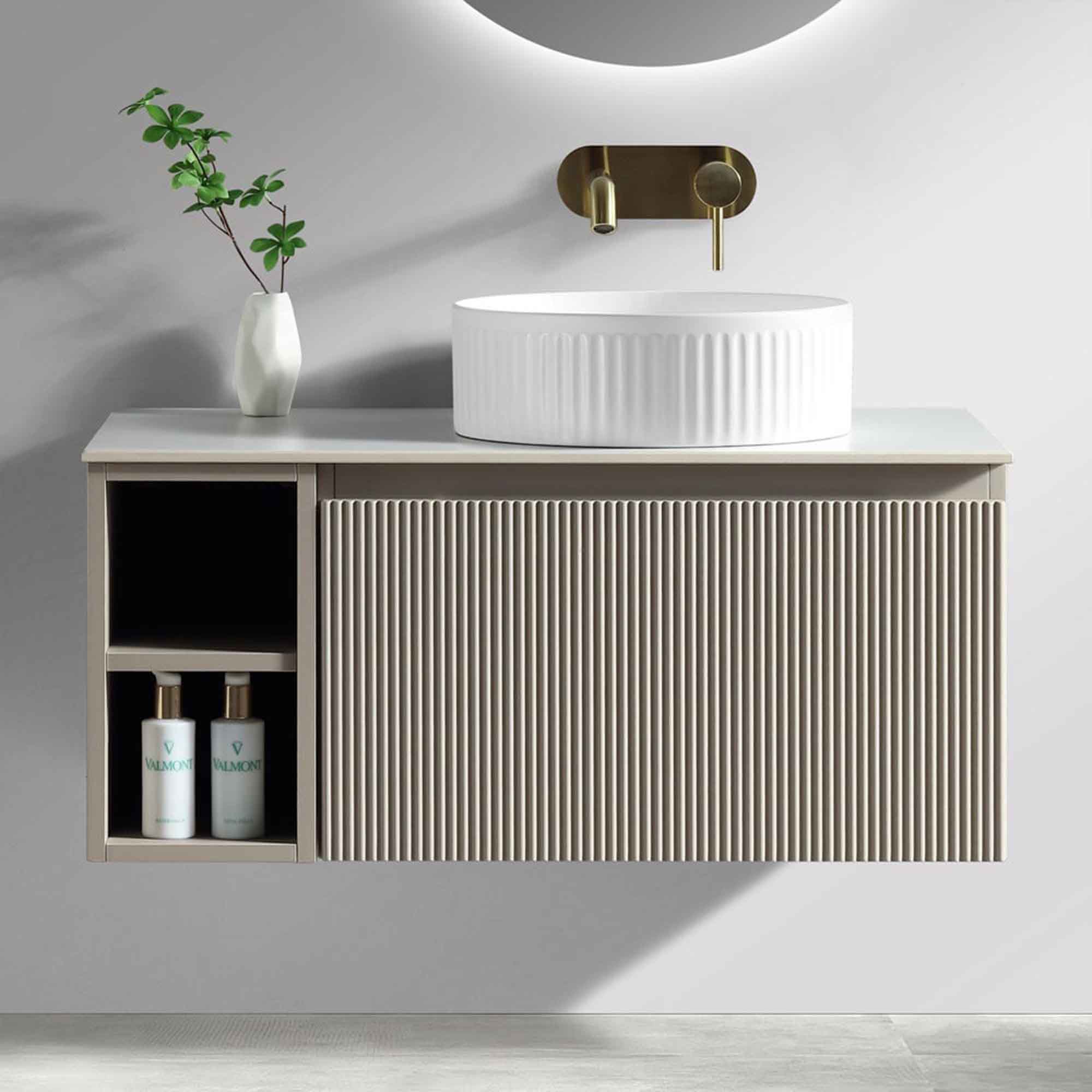 florence fluted 800 wall mounted vanity unit with side storage and right hand stone worktop soft coffee