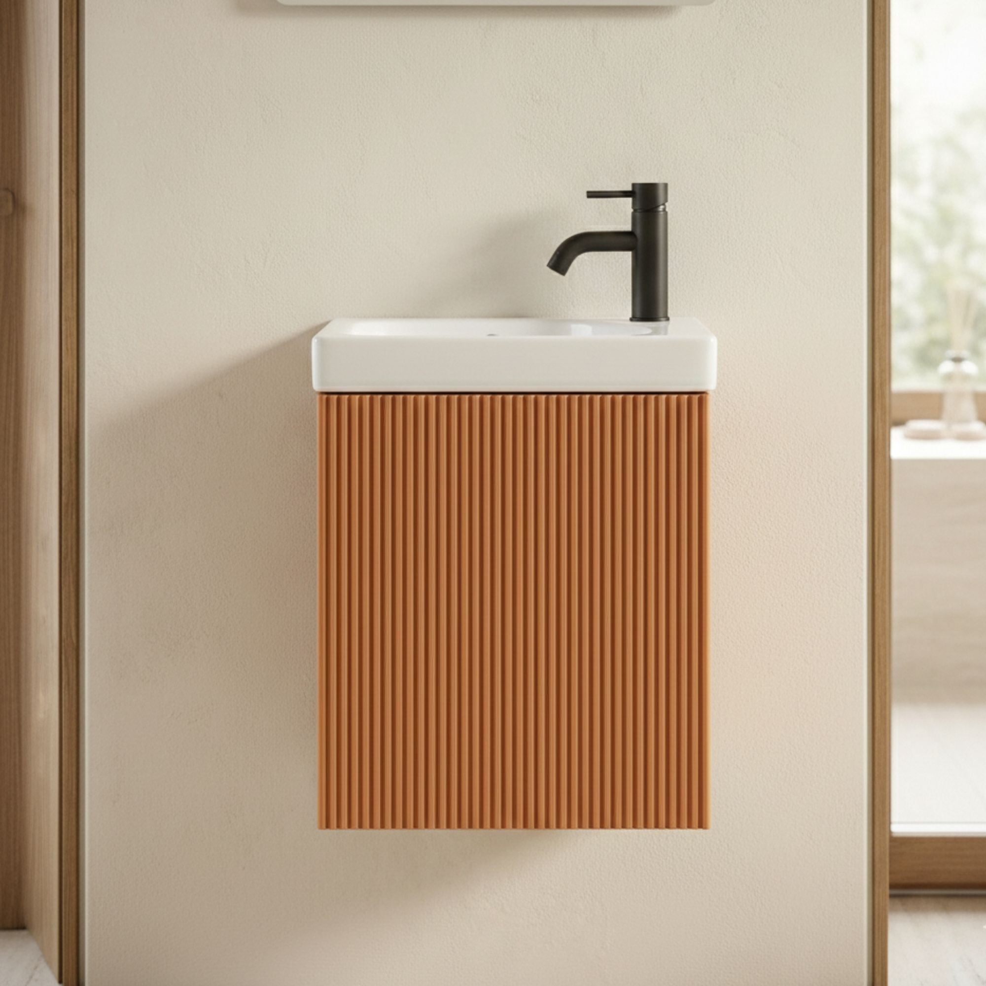 Florence Fluted Wall Mounted Cloakroom Vanity Unit With Ceramic Basin Bruciata Orange Lifestyle Image Deluxe Bathrooms