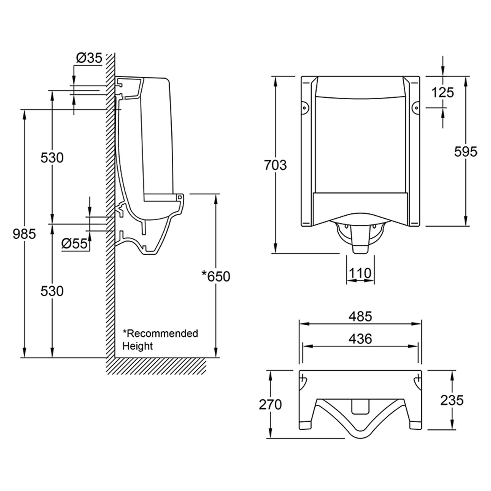 florida wall mounted rear feed square urinal