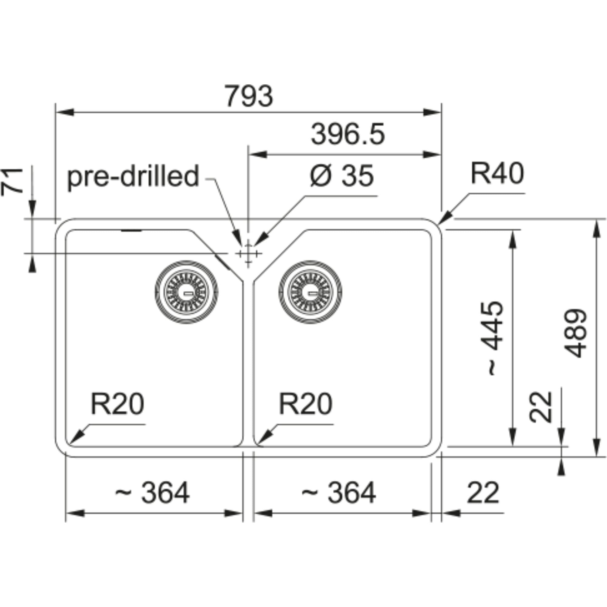 Franke Belfast VBK 720 kitchen sink ceramic gloss white 800x500mm technical drawing