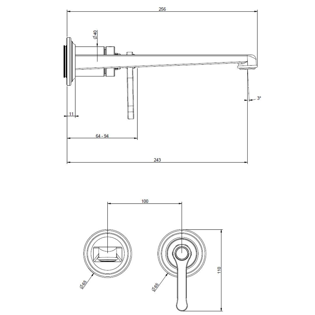 Technical dimension diagram of the Gessi Venti20 Wall Mounted 2-Hole Long Spout Basin Mixer.
