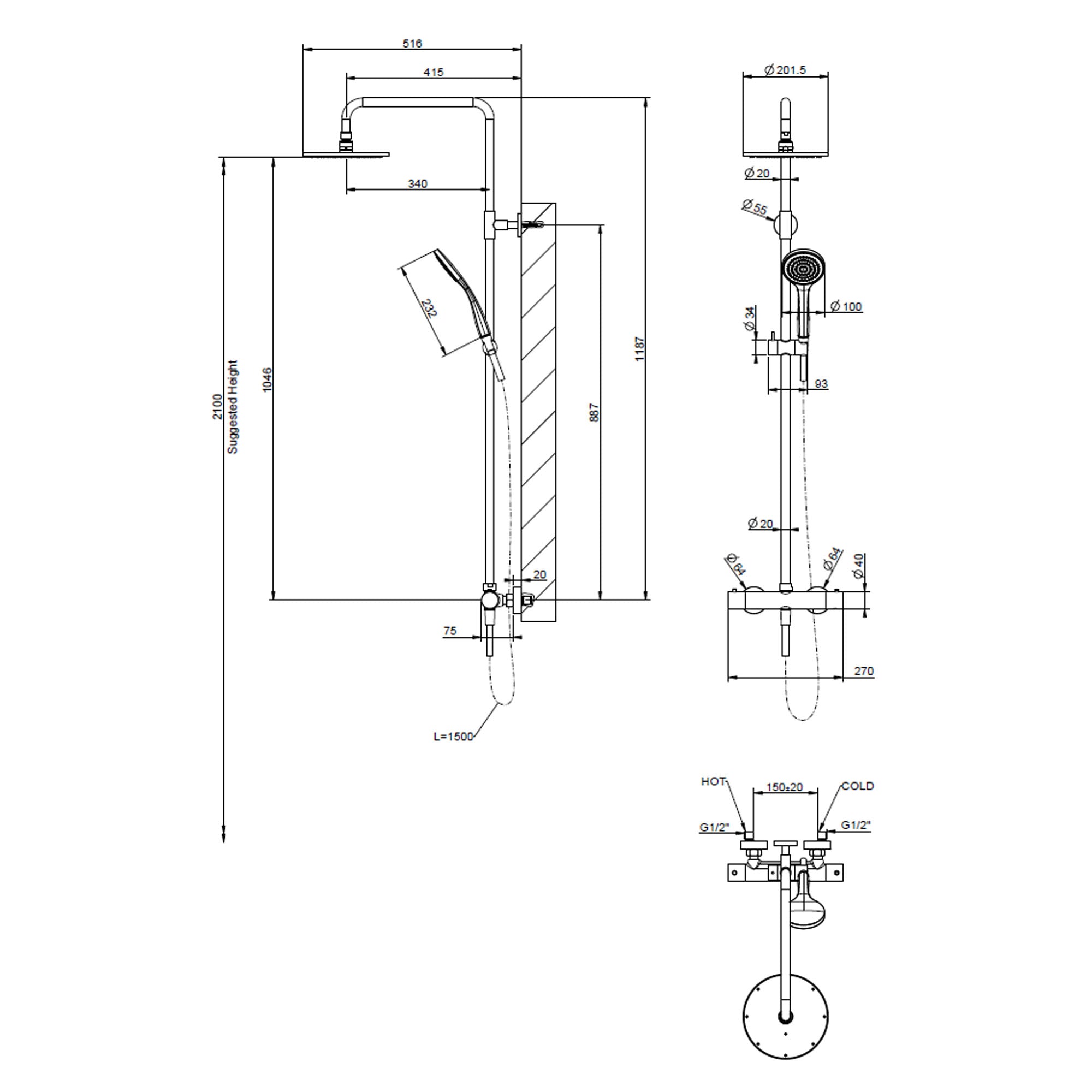 gessi emporio exposed thermostatic rigid riser shower with 200 overhead and handset dimensions