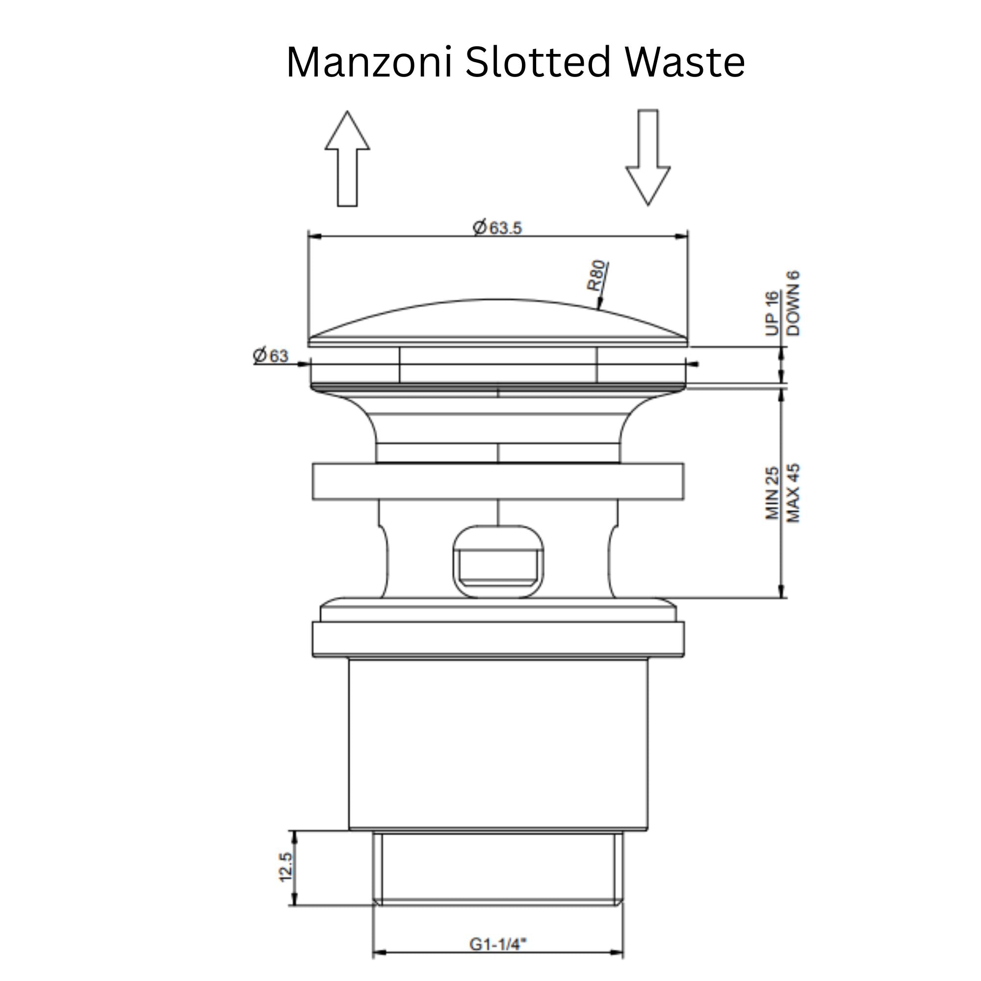 Technical drawing of Gessi slotted waste with dimensions and labels deluxe bathrooms.