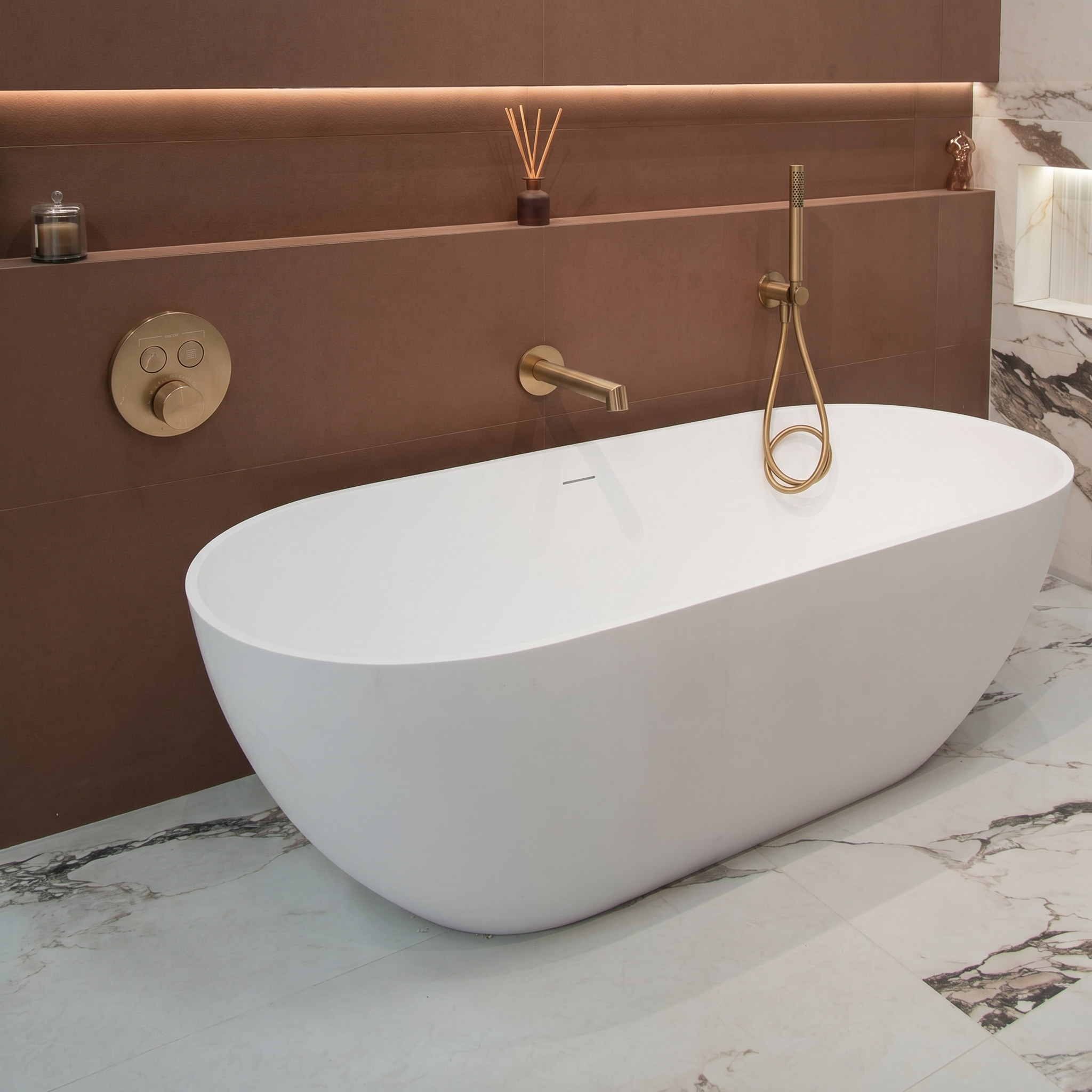 Manzoni Dual Outlet Thermostatic Shower Valve with Pencil Handset and Bath Spout - Warm Bronze Brushed