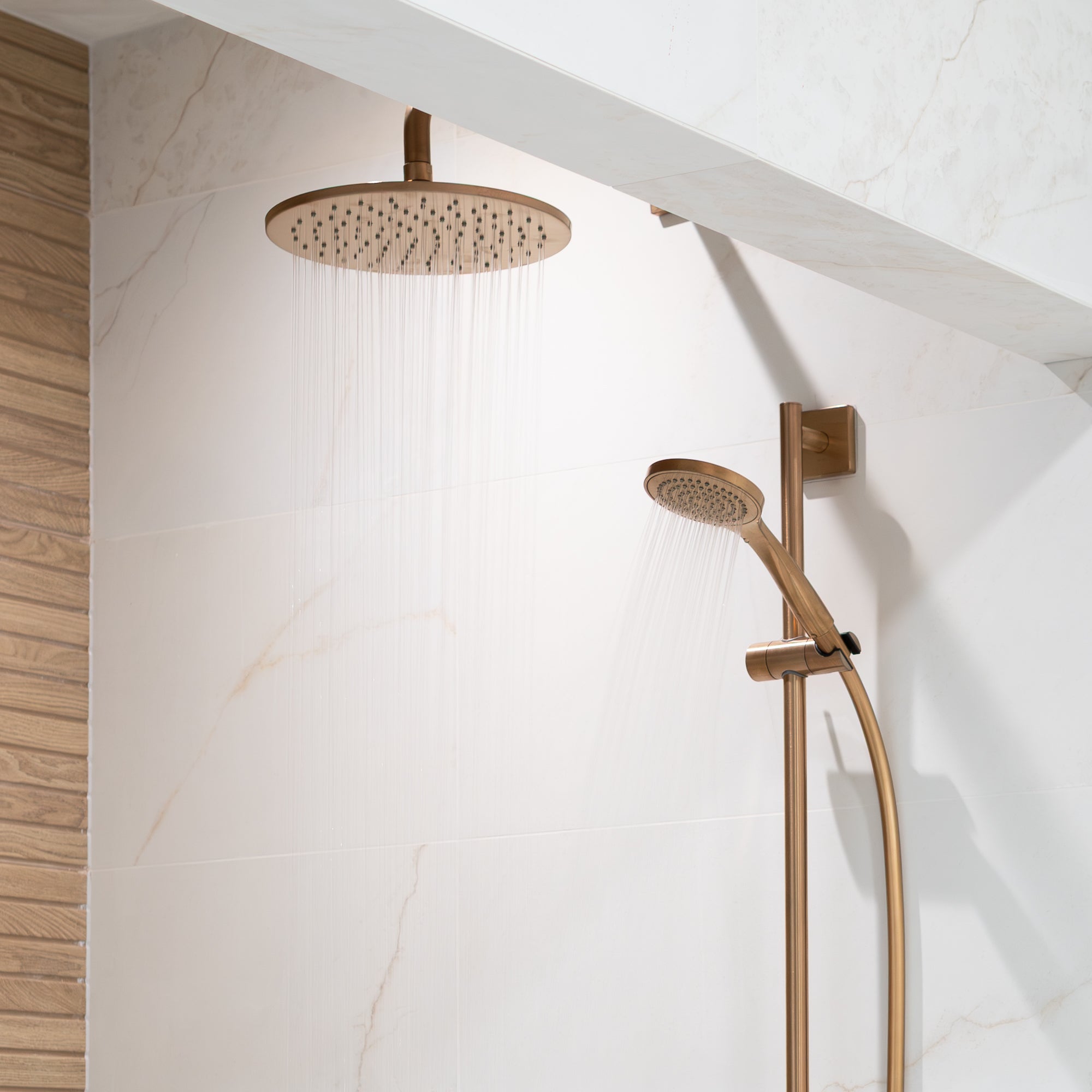 Manzoni Dual Outlet Thermostatic Shower Valve with Slide Rail Handset and Fixed Overhead 250mm - Warm Bronze Brushed