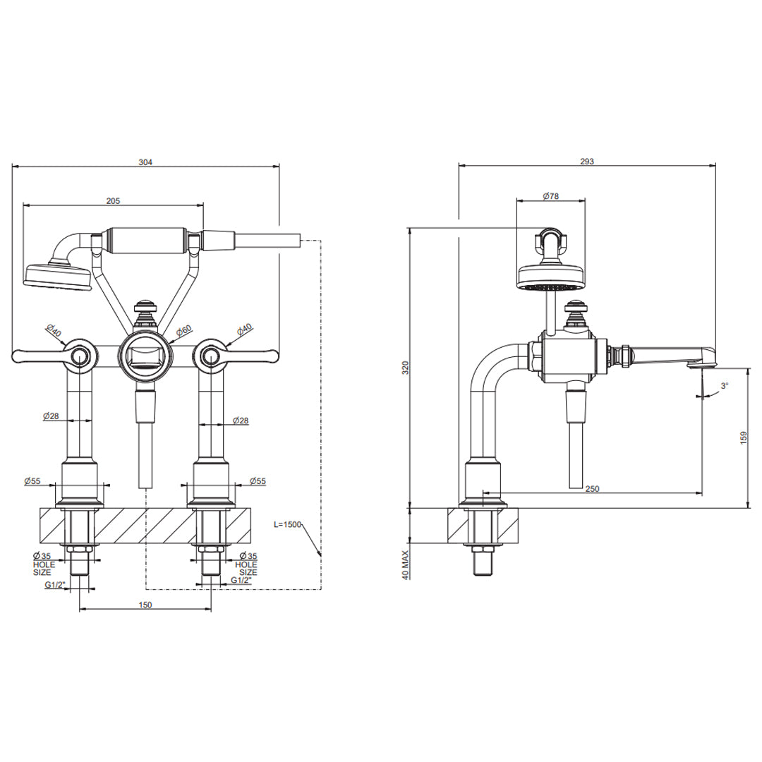 Technical drawing of the Gessi Venti20 Deck Mounted 2-Hole Bath-Shower Mixer, supplied by Deluxe Bathrooms.