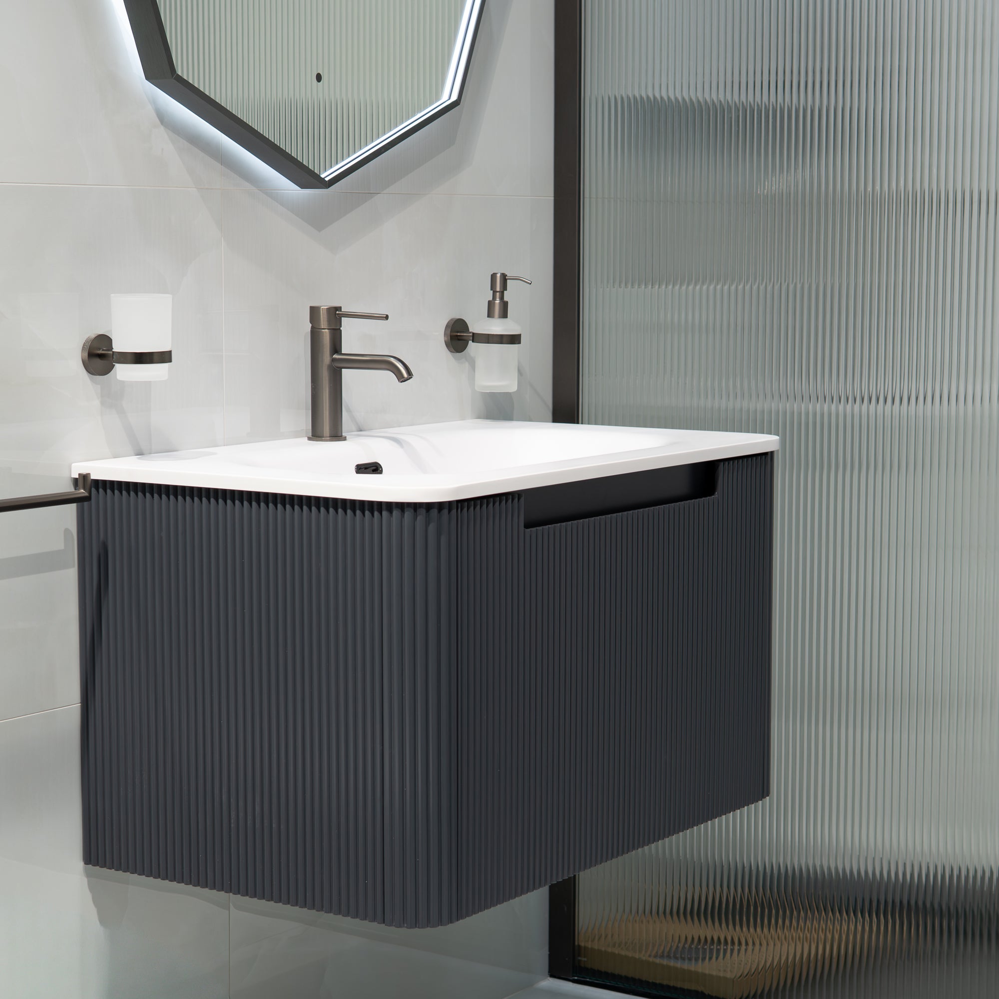 Granlusso™ Amalfi 800mm Fluted Midnight Grey Wall Mounted Vanity Unit With Washbasin