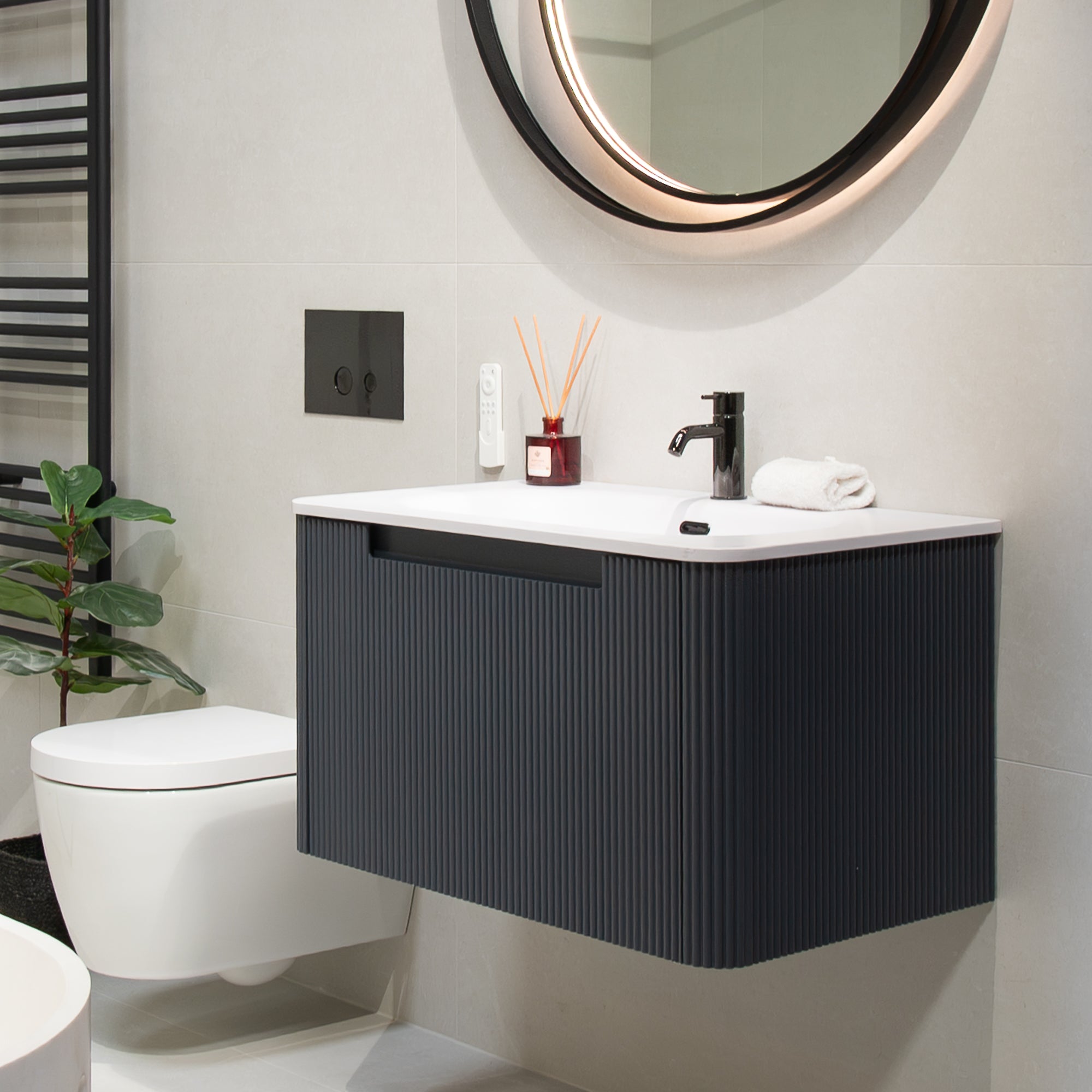 Granlusso™ Amalfi Fluted Midnight Grey Wall Mounted Vanity Unit With Washbasin