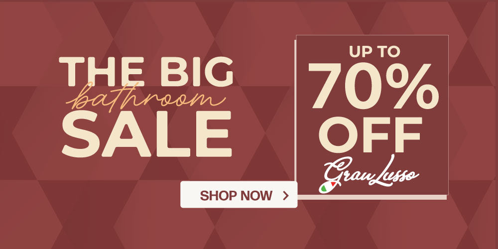 Promotional sale graphic with the text 'THE BIG bathroom SALE', 'UP TO 70% OFF', and a 'SHOP NOW' button on a dark reddish-brown geometric background. The brand name 'GanlLusso' is visible in script on the right panel.