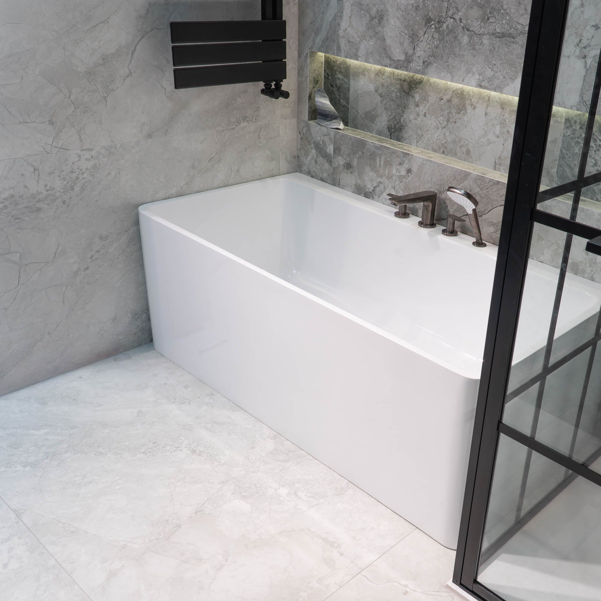 Granlusso™ Enzo 1600 Freestanding Back To Wall Corner Bath Acrylic at Deluxe Bathrooms