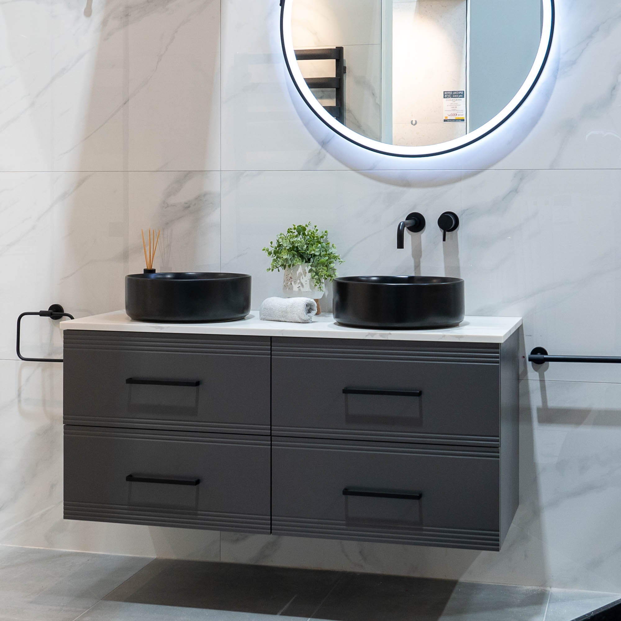 Granlusso™ Galleria 1200 Wall Mounted Double Vanity Unit With Carrara Worktop - Slate Grey