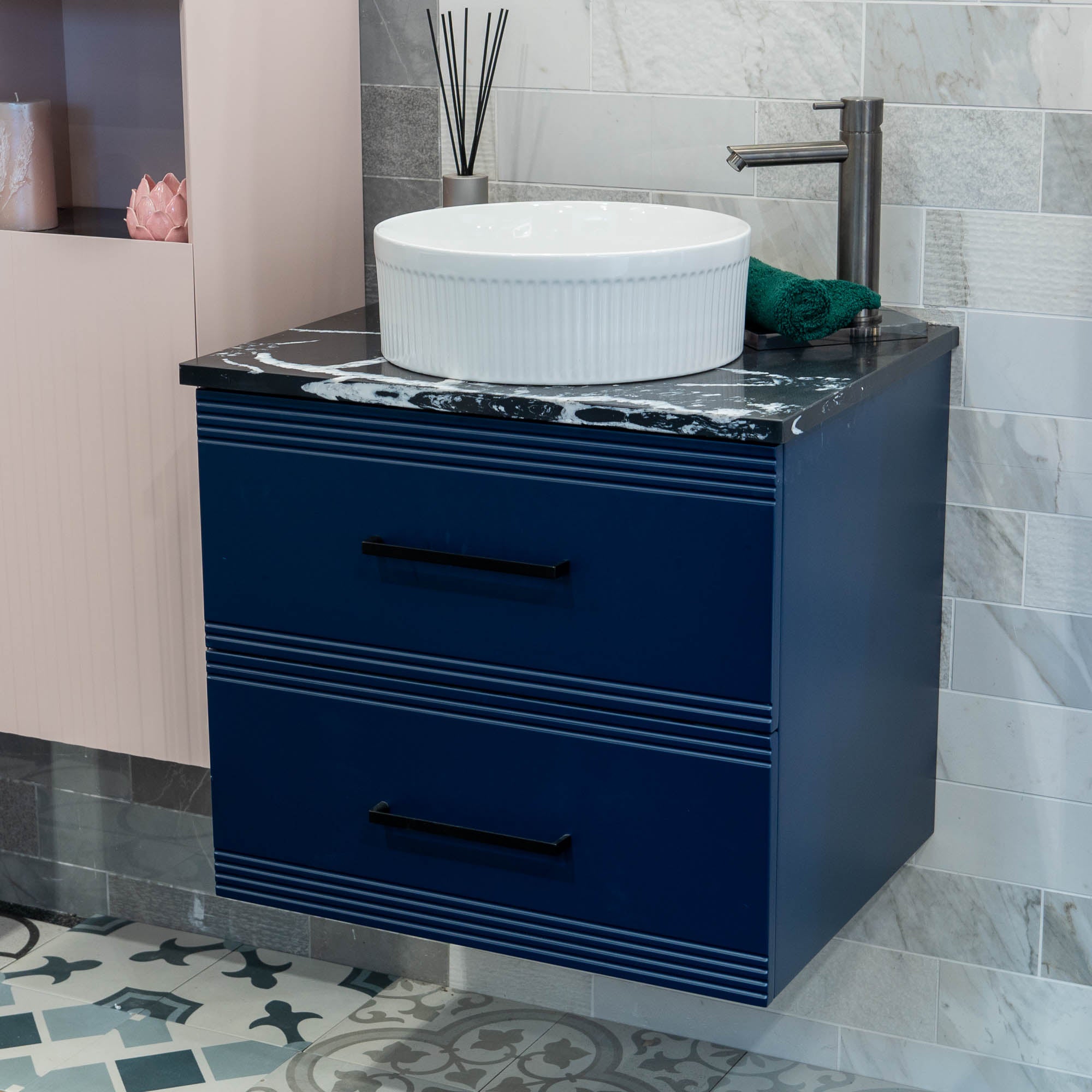 Granlusso™ Galleria Wall Mounted 2-Drawer Vanity Unit With Nero Marquina Worktop - Atlantic Blue