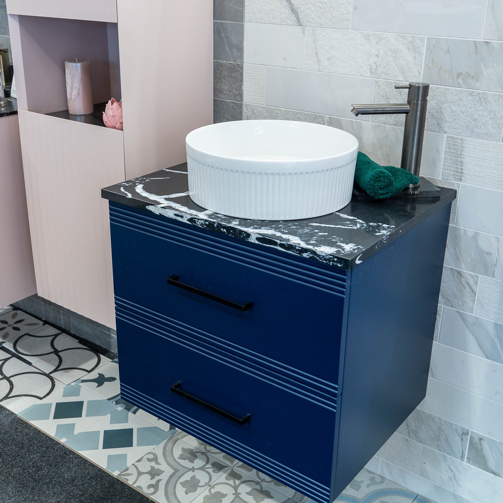 Granlusso™ Galleria Wall Mounted 2-Drawer Vanity Unit With Nero Marquina Worktop - Atlantic Blue
