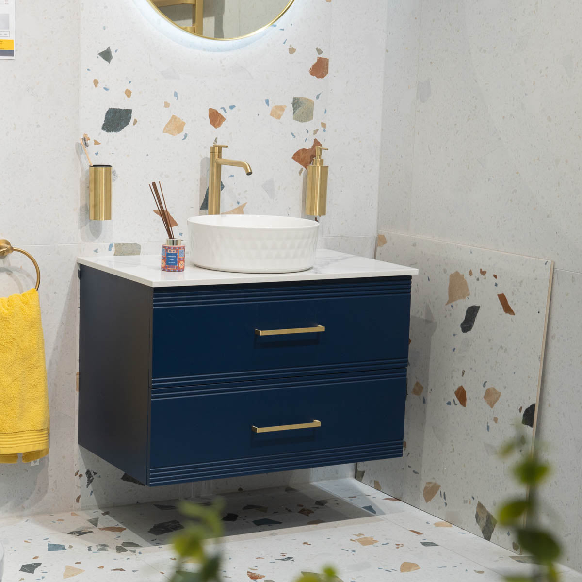 Granlusso™ Galleria Wall Mounted 2-Drawer Vanity Unit With Carrara Marble Effect Worktop - Atlantic Blue