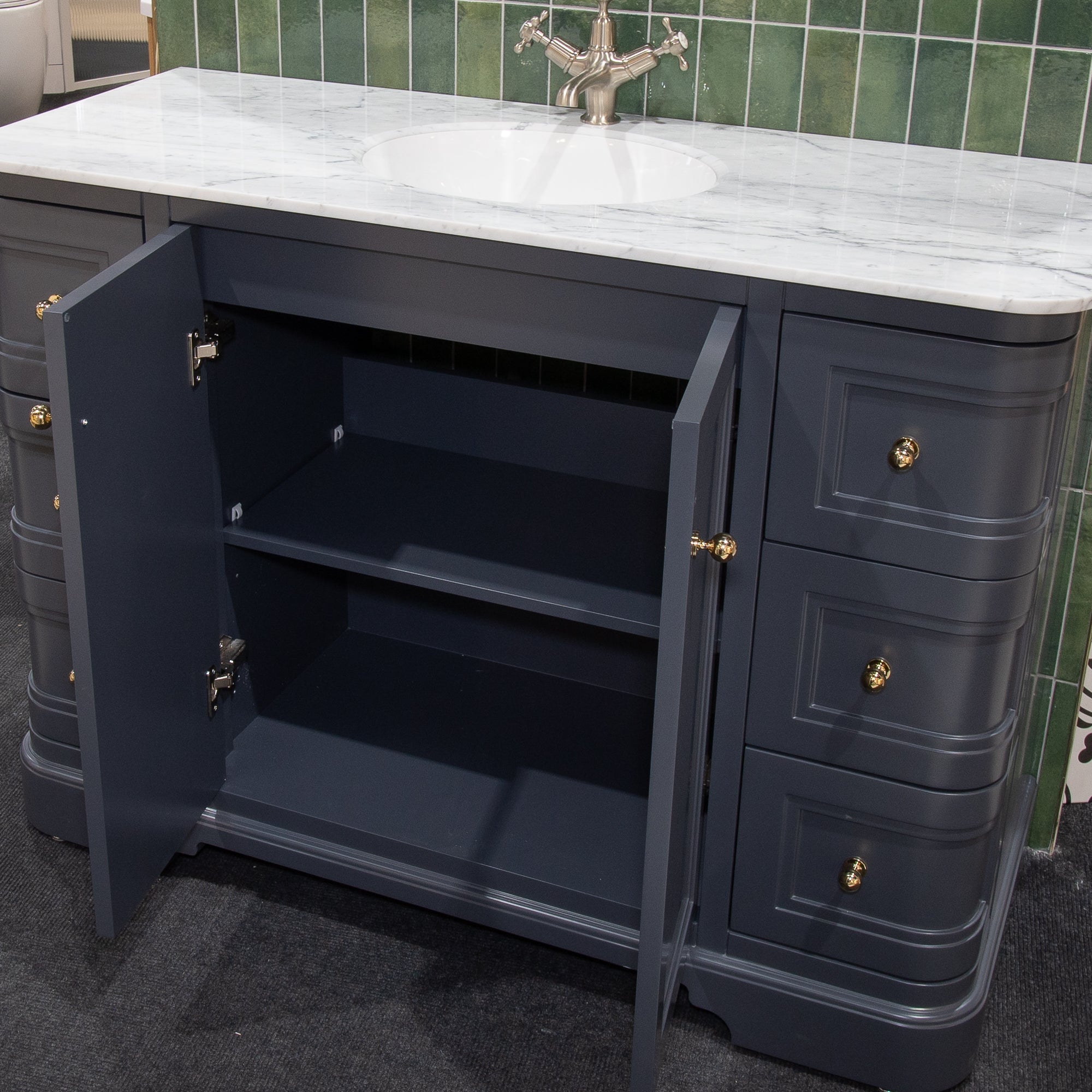 Granlusso New Hampton 1200 Floorstanding Vanity Unit With Marble Carrara Worktop and Basin - midnight grey matt
