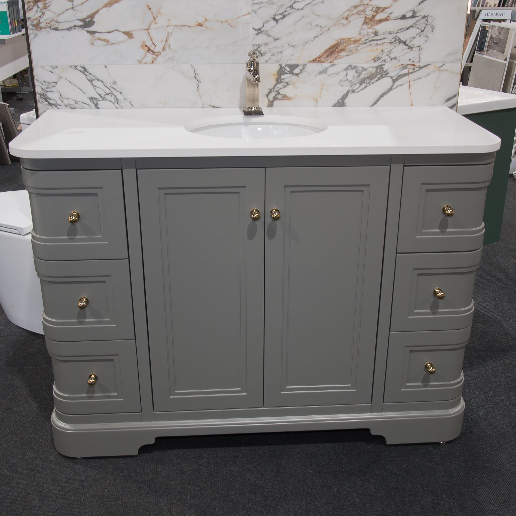 Granlusso New Hampton 1200 Floorstanding Vanity Unit With Marble Carrara Worktop and Basin - concrete grey matt