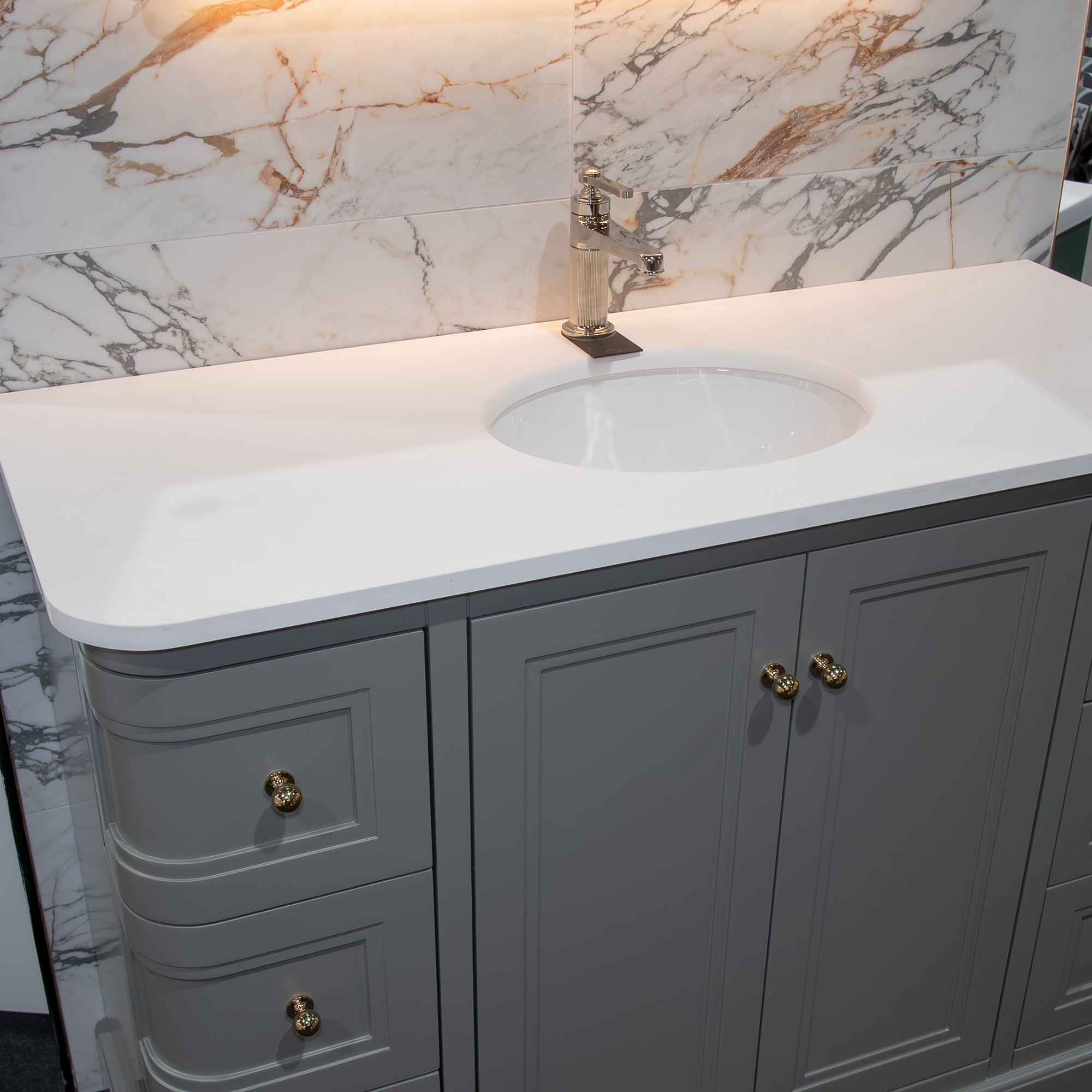 Granlusso New Hampton 1200 Floorstanding Vanity Unit With Marble Carrara Worktop and Basin - concrete 
grey matt