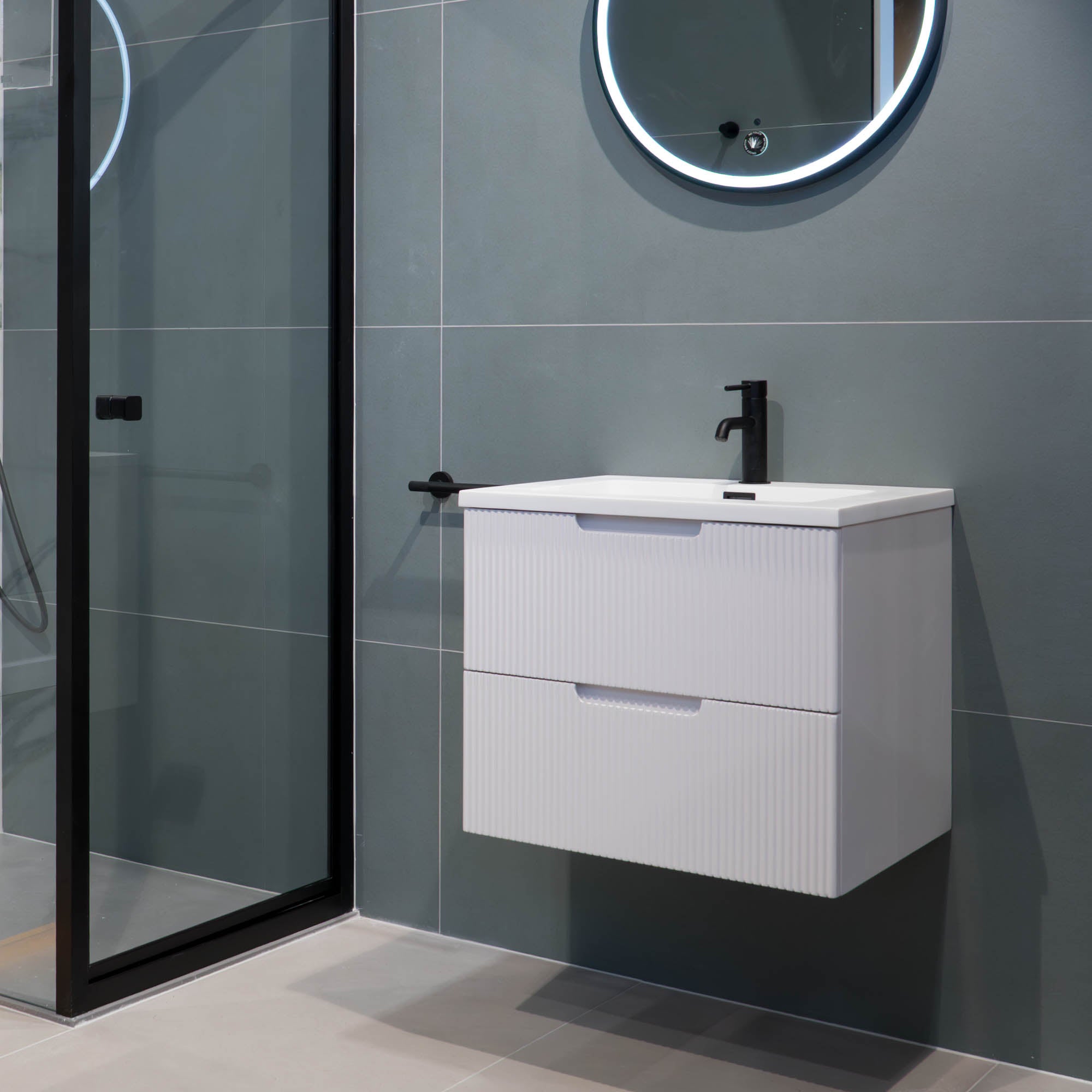 Granlusso™ Opus White Fluted Wall Mounted Vanity Unit With Solid Surface Washbasin