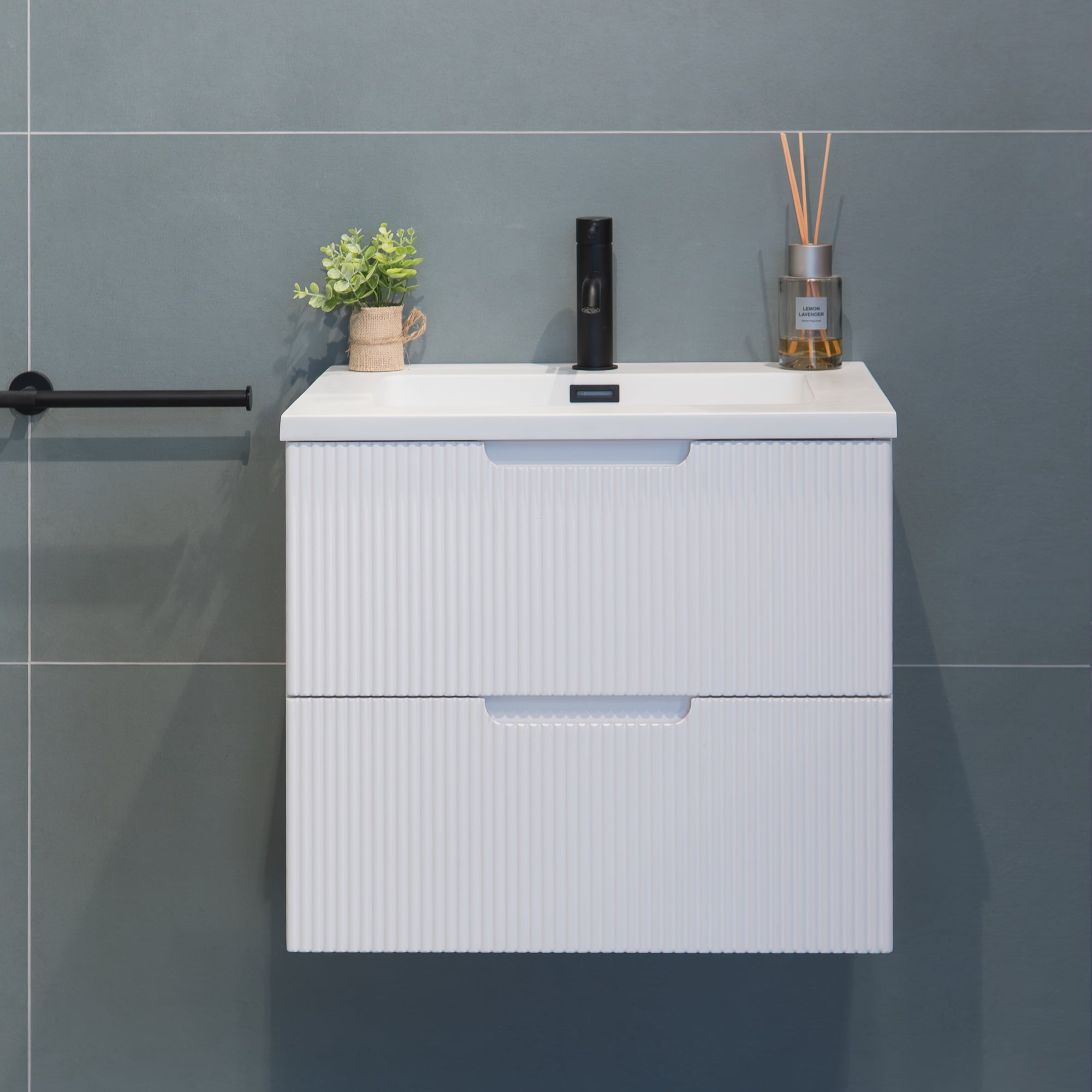 Granlusso™ Opus White Fluted Wall Mounted Vanity Unit With Solid Surface Washbasin