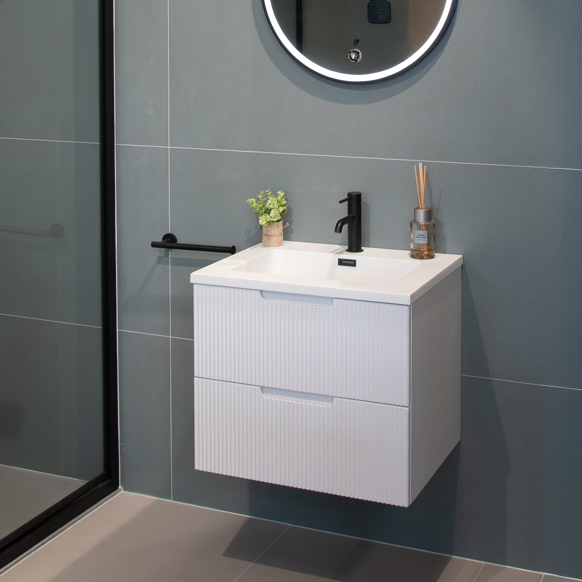 Granlusso™ Opus White Fluted Wall Mounted Vanity Unit With Solid Surface Washbasin