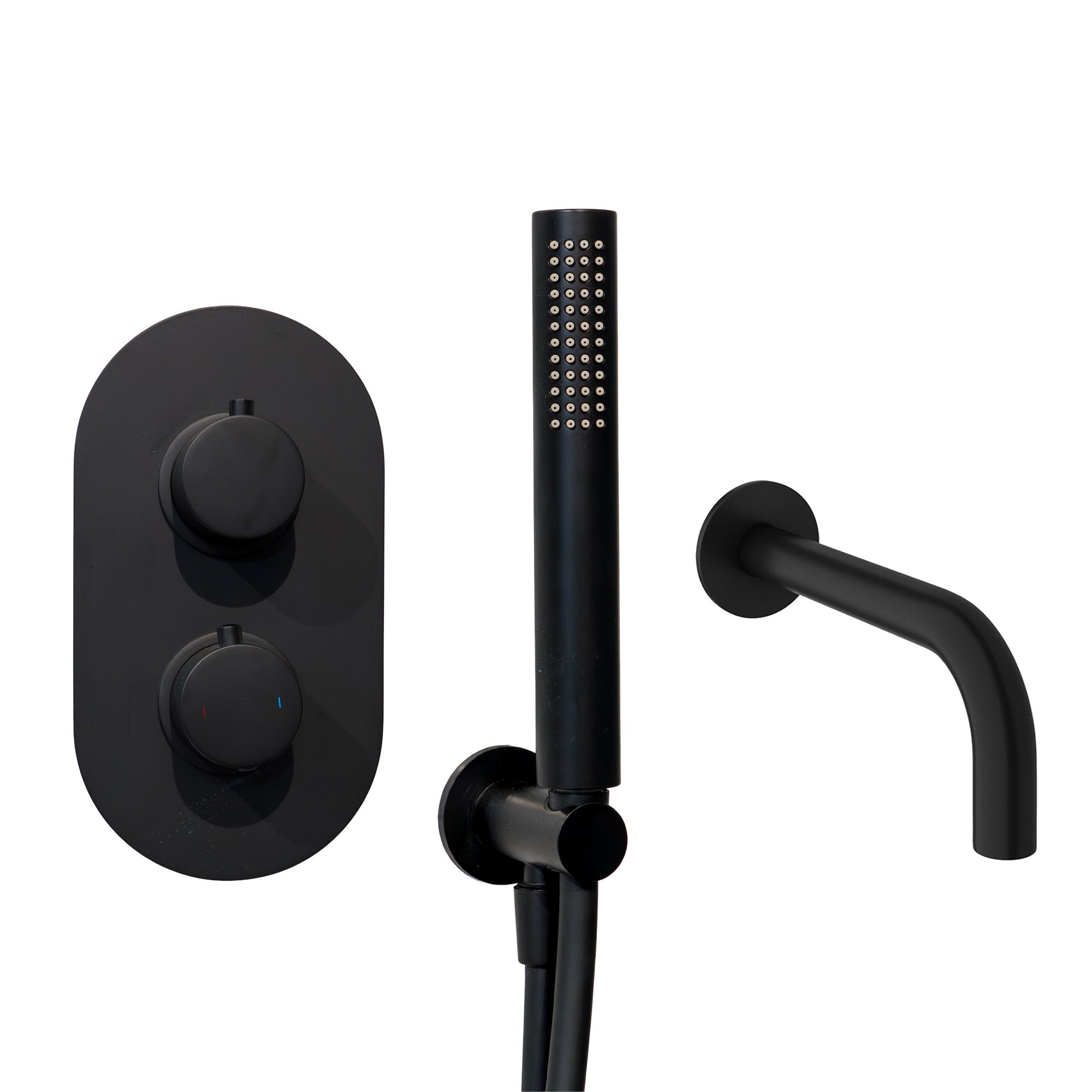 Black shower with 2 outlet valve with handheld shower and wall-mounted spout at deluxe bathrooms ireland