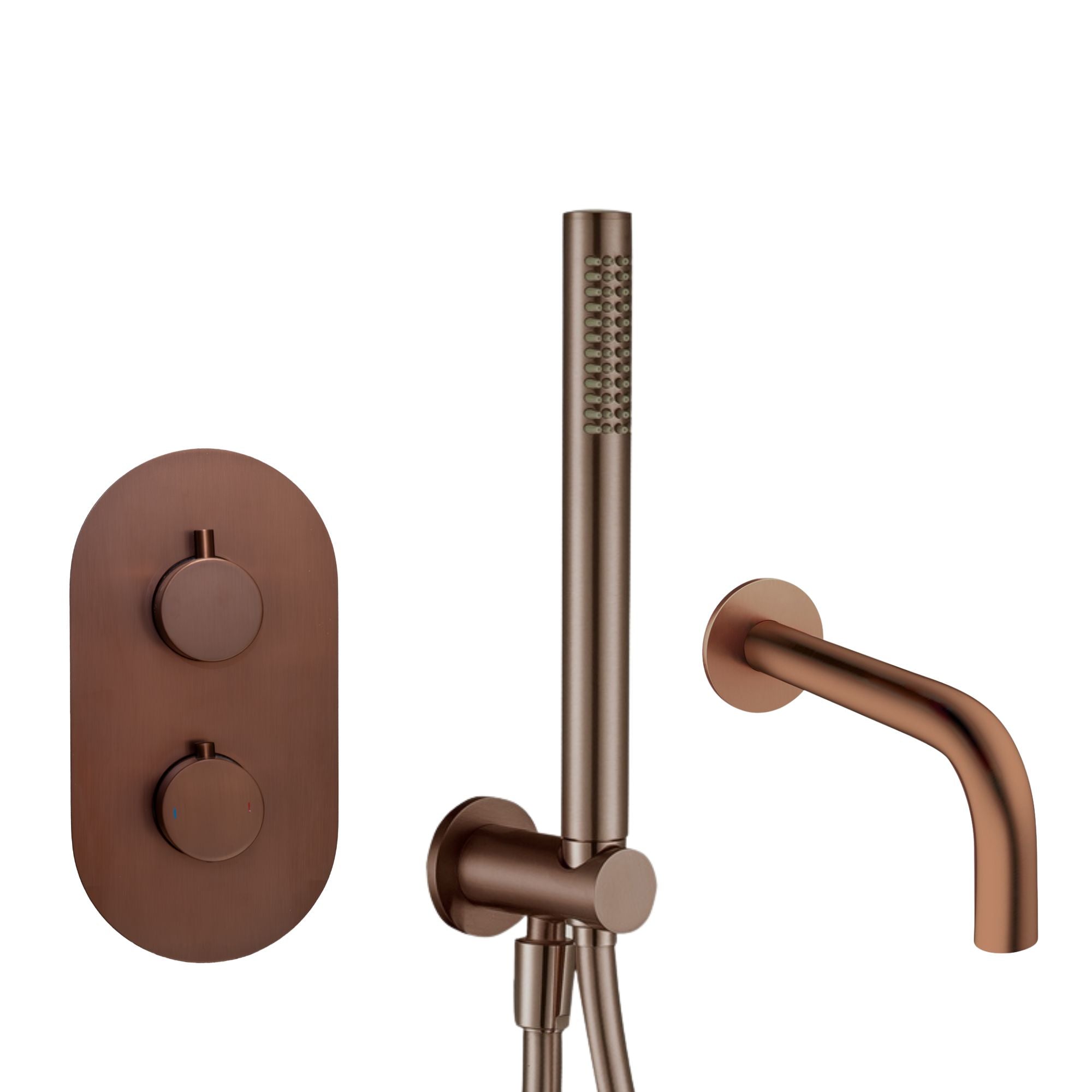 Granlusso portofino bronze shower control panel with handheld shower and wall-mounted spout on a white background deluxe bathrooms