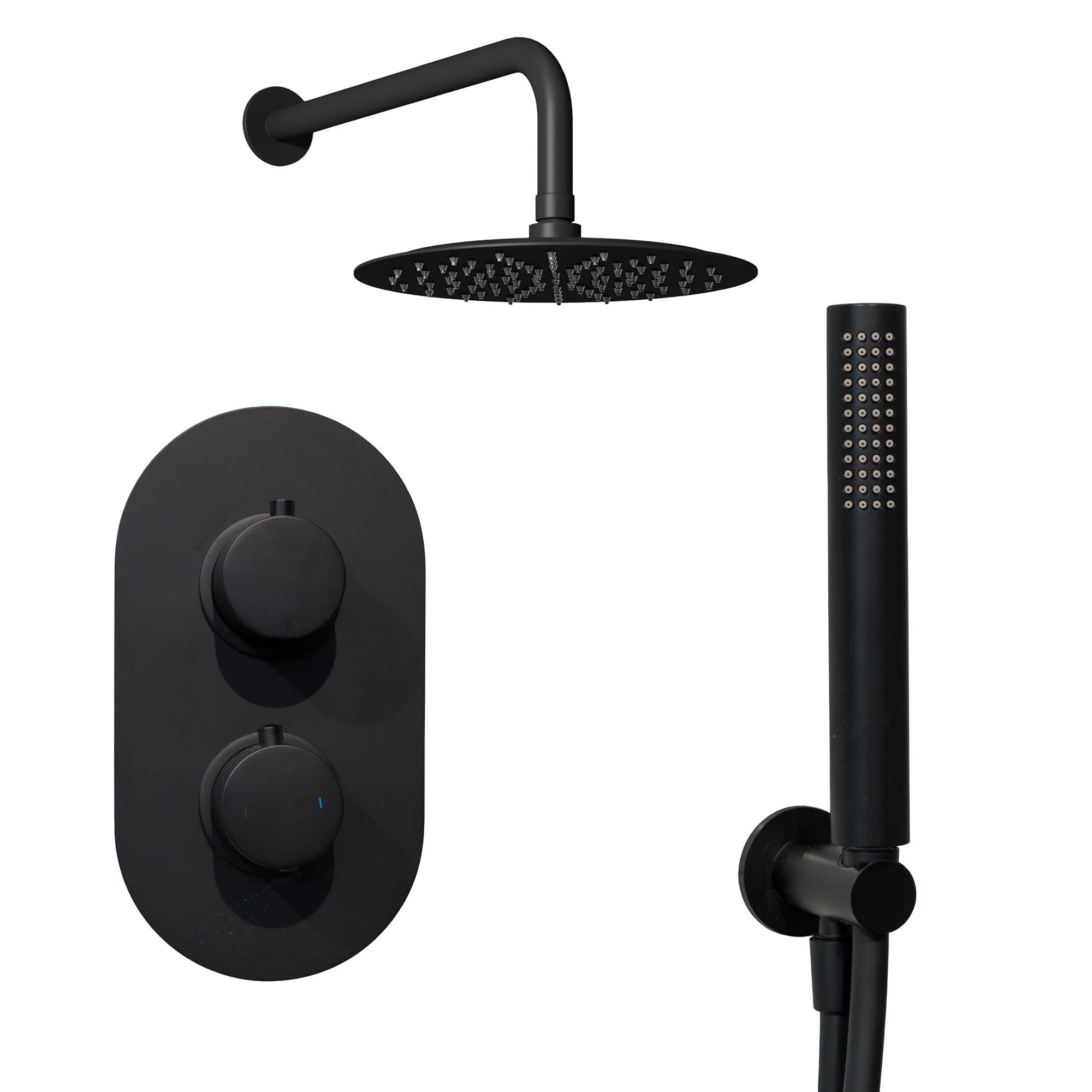 Portofino Matt Black shower set with shower head, control handle, and handheld shower on a white background Deluxe Bathrooms