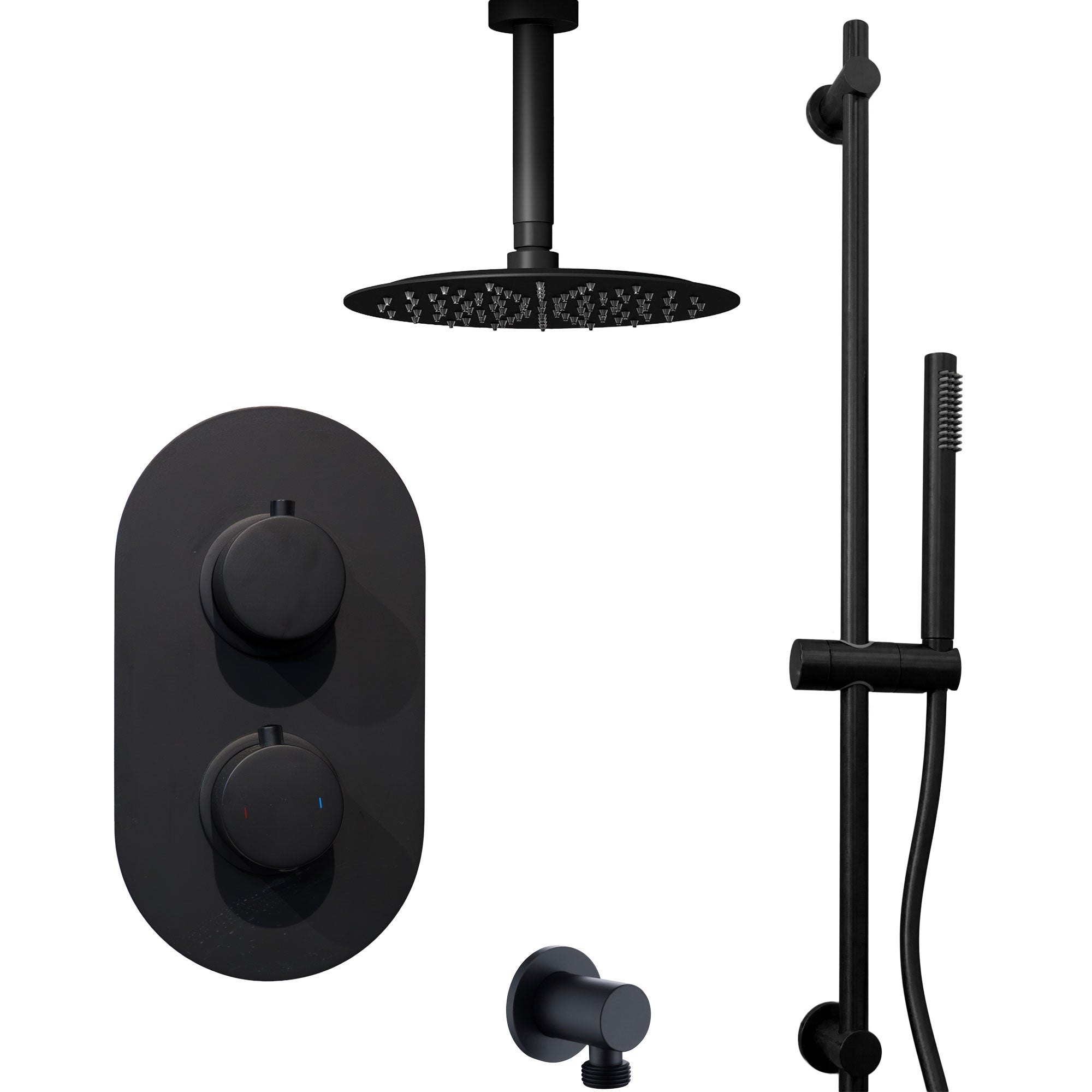 Black shower set with ceiling-mounted rain shower head, handheld shower, and control valve on a white background - deluxe bathrooms Ireland