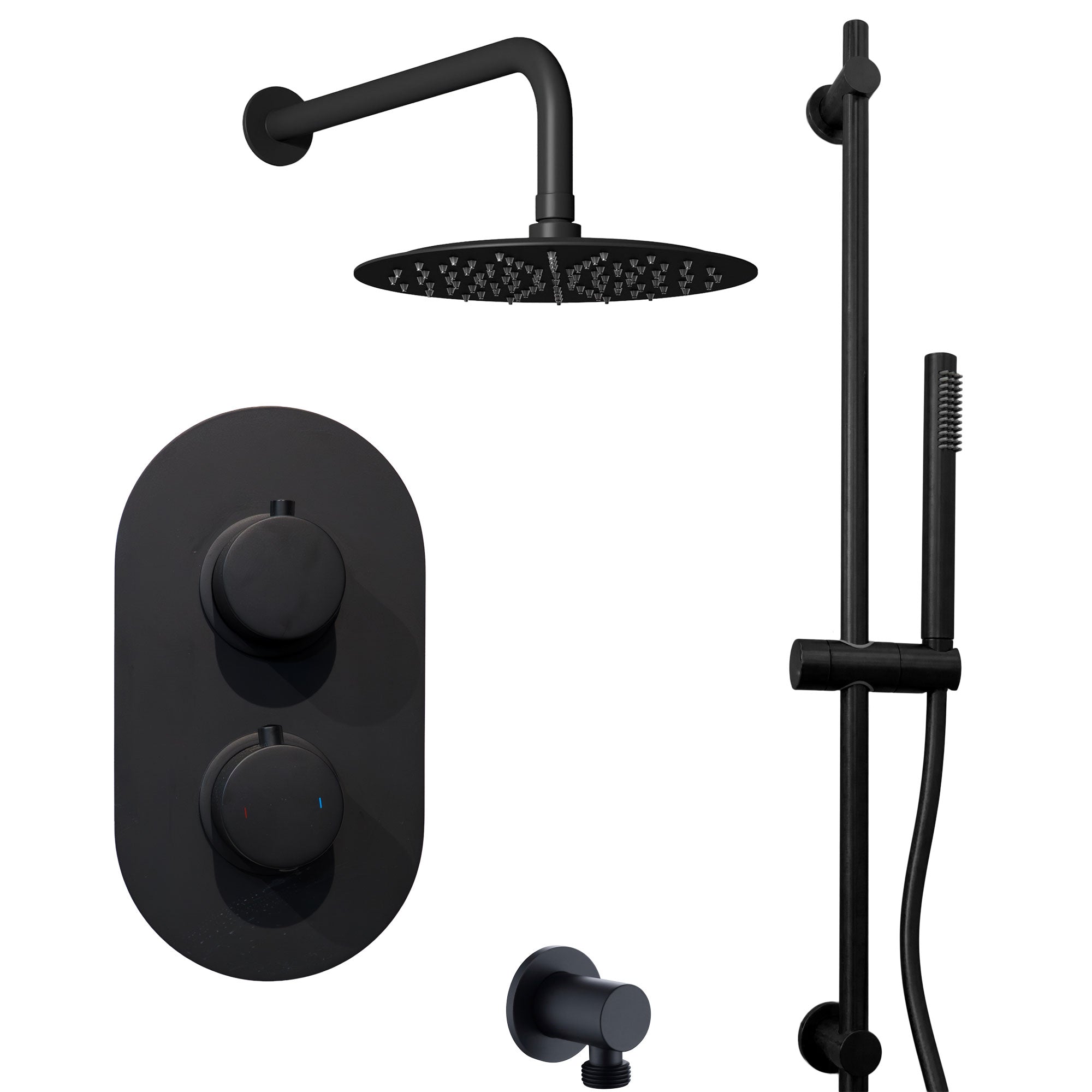 Black shower system with control valve, shower head, and handheld shower on a white background - deluxe bathrooms Ireland