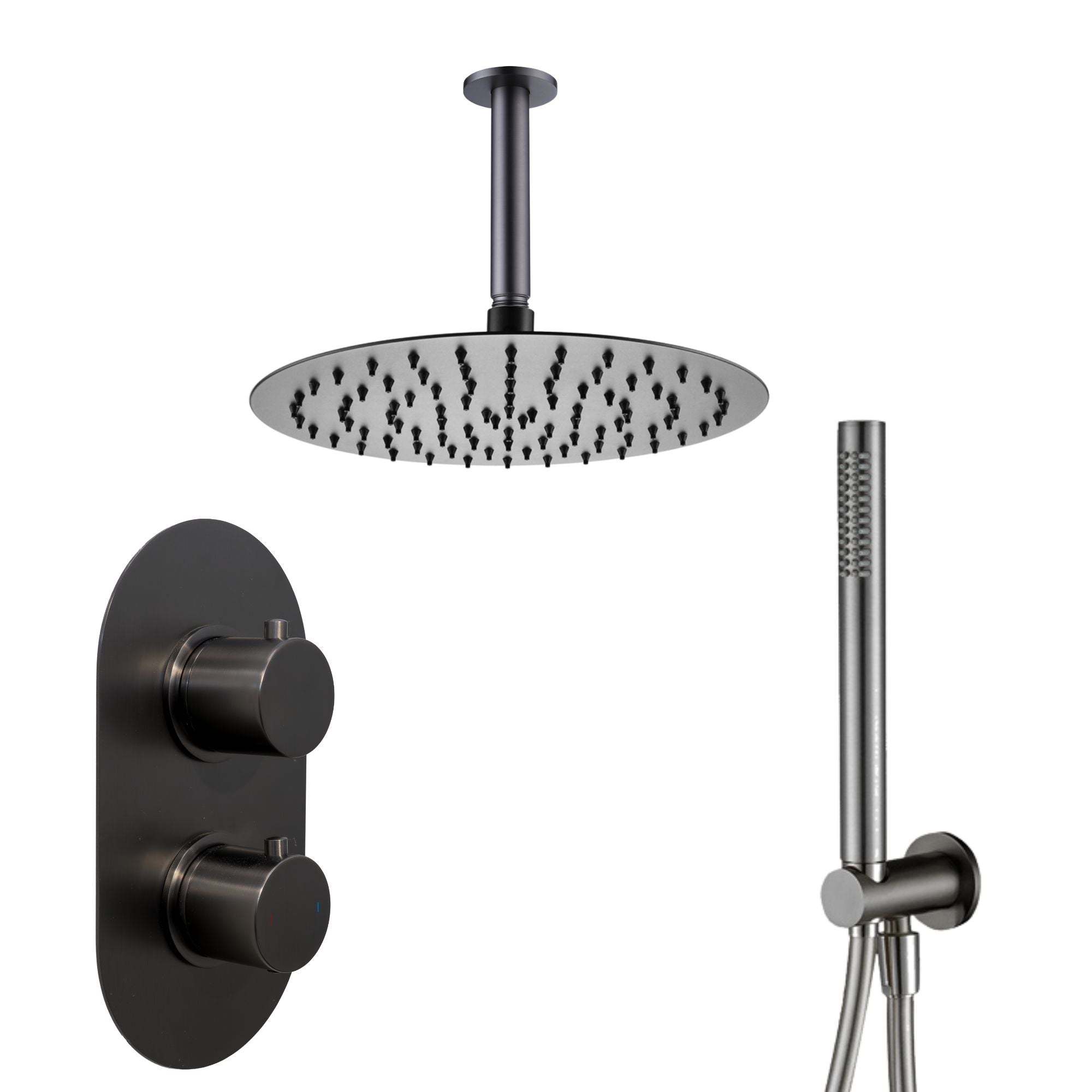 Granlusso portofino shower head, control valve, and pencil handheld shower in gunmetal finish on a white background deluxe bathrooms