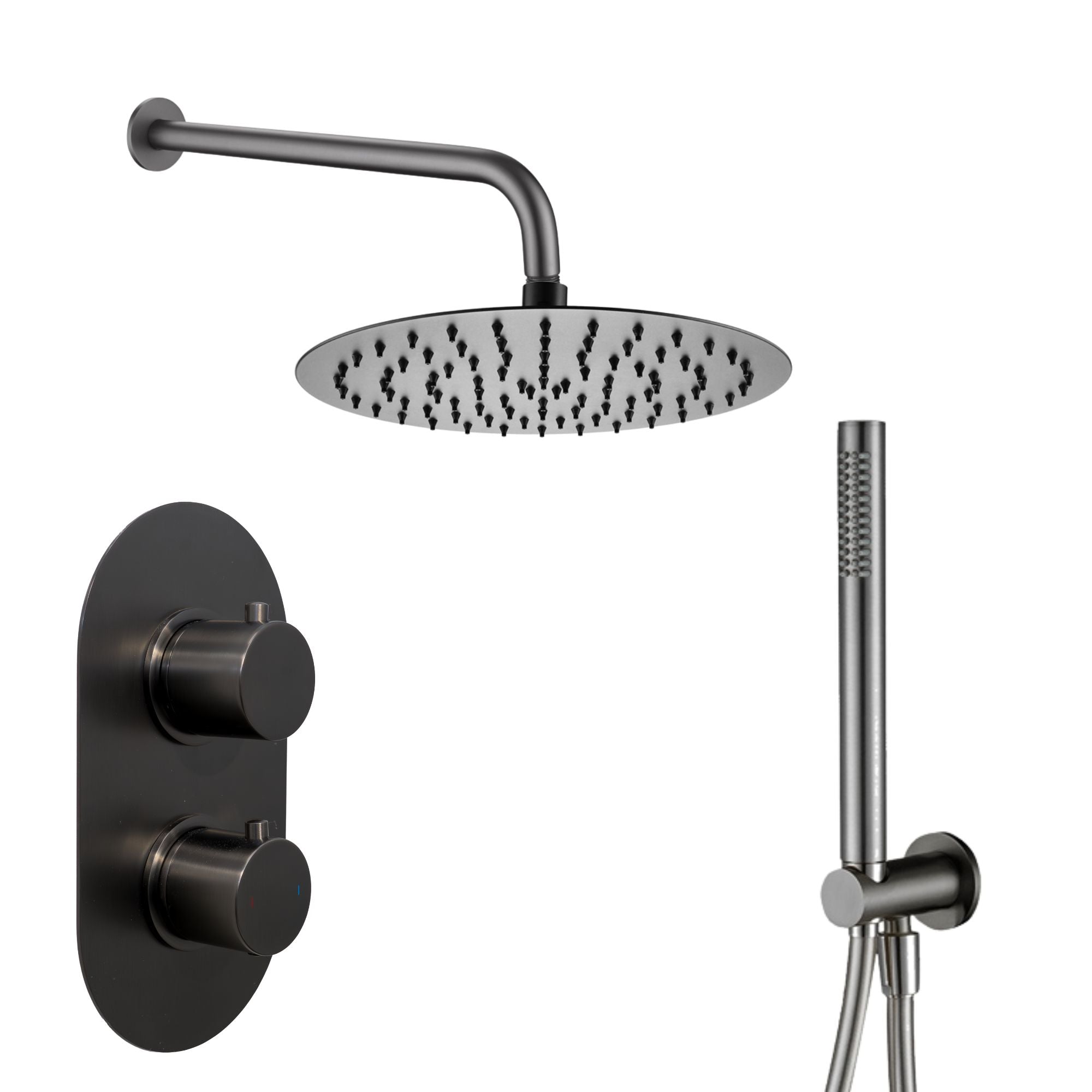 Granlusso portofino Shower head, control valve, and pencil handheld shower in gunmetal finish wall mounted on a white background  deluxe bathrooms