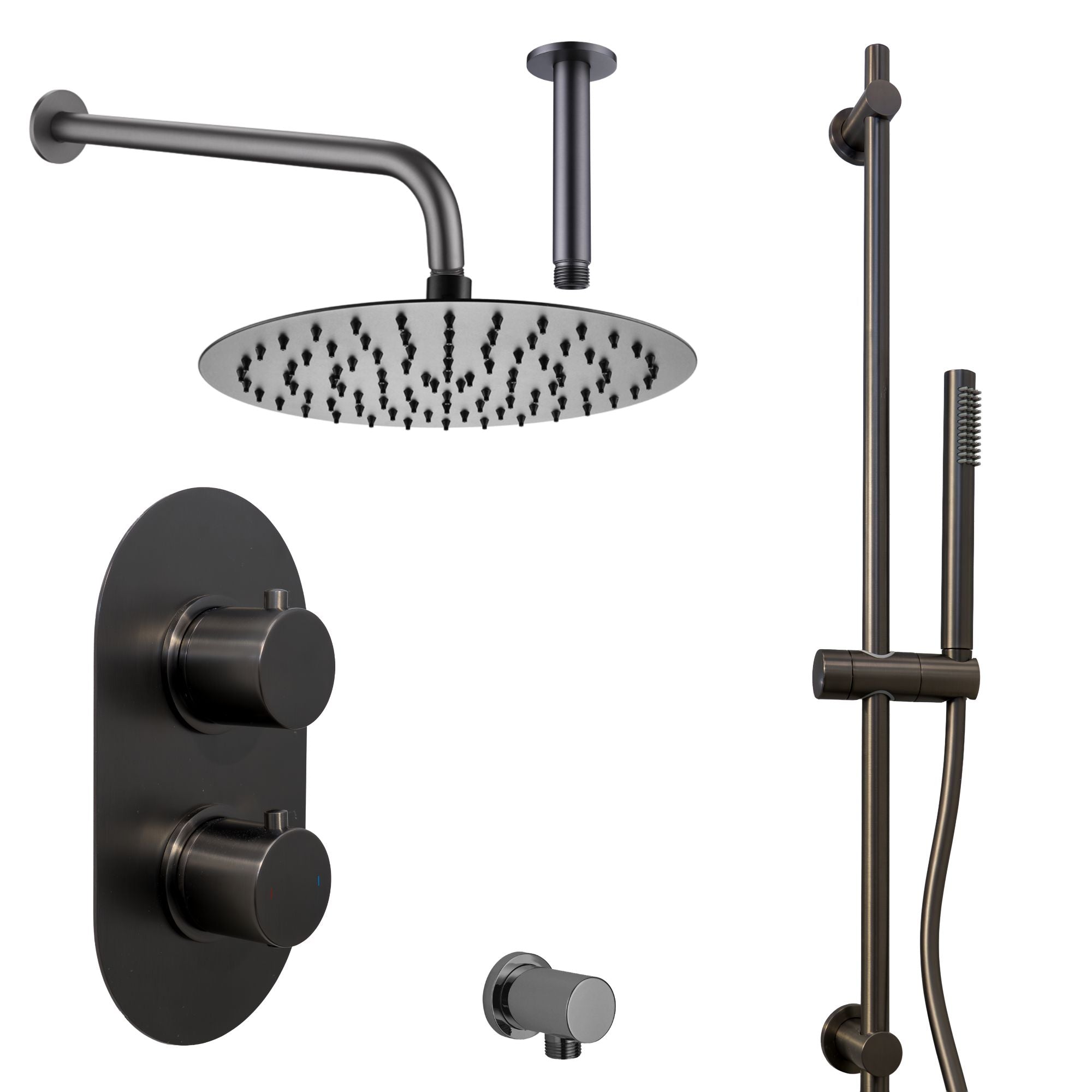 Portofino Black shower head, control valve, and pencil handheld shower gunmetal on a white background deluxe bathrooms