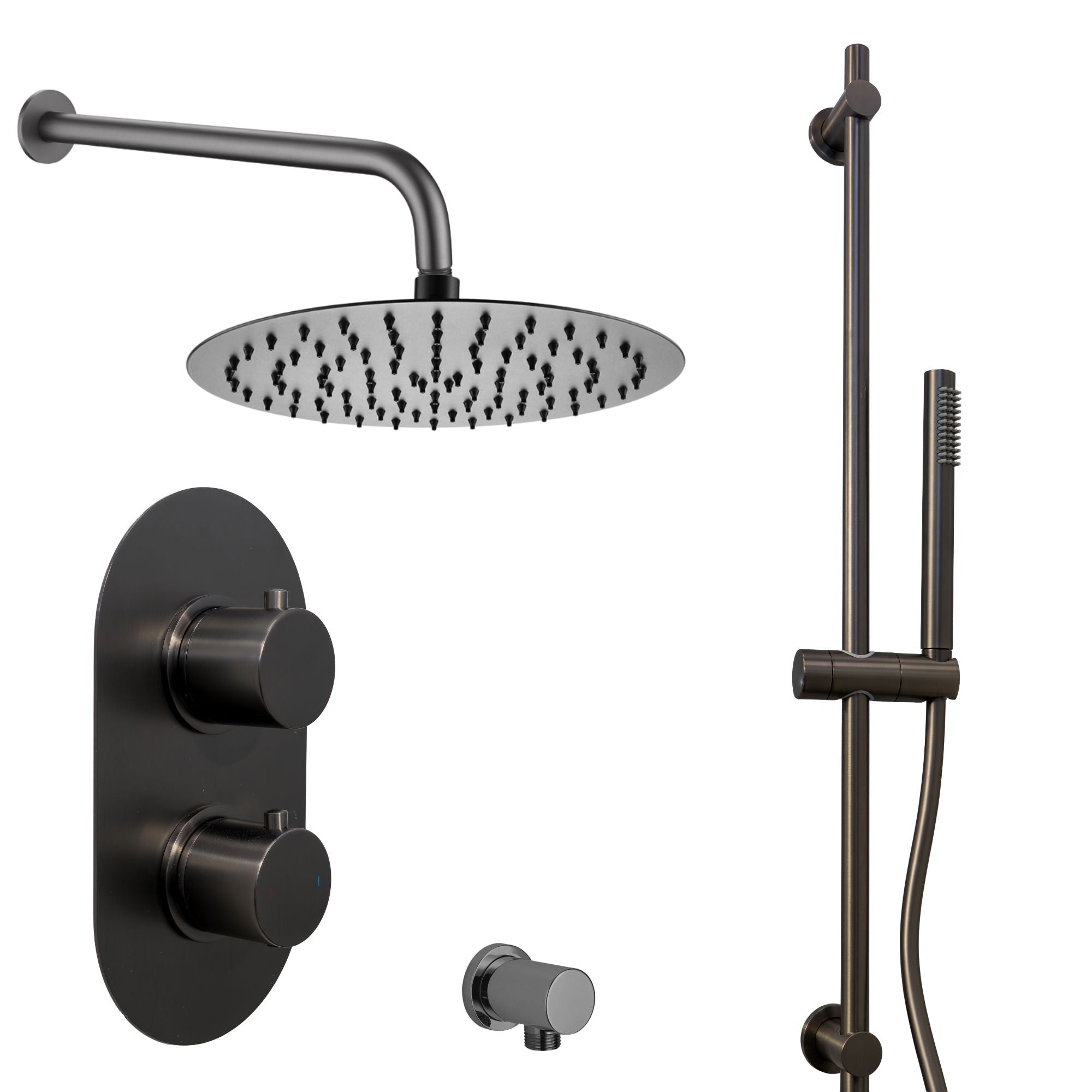 Portofino Shower head, control valve, and handheld shower gunmetal on a white background deluxe bathrooms