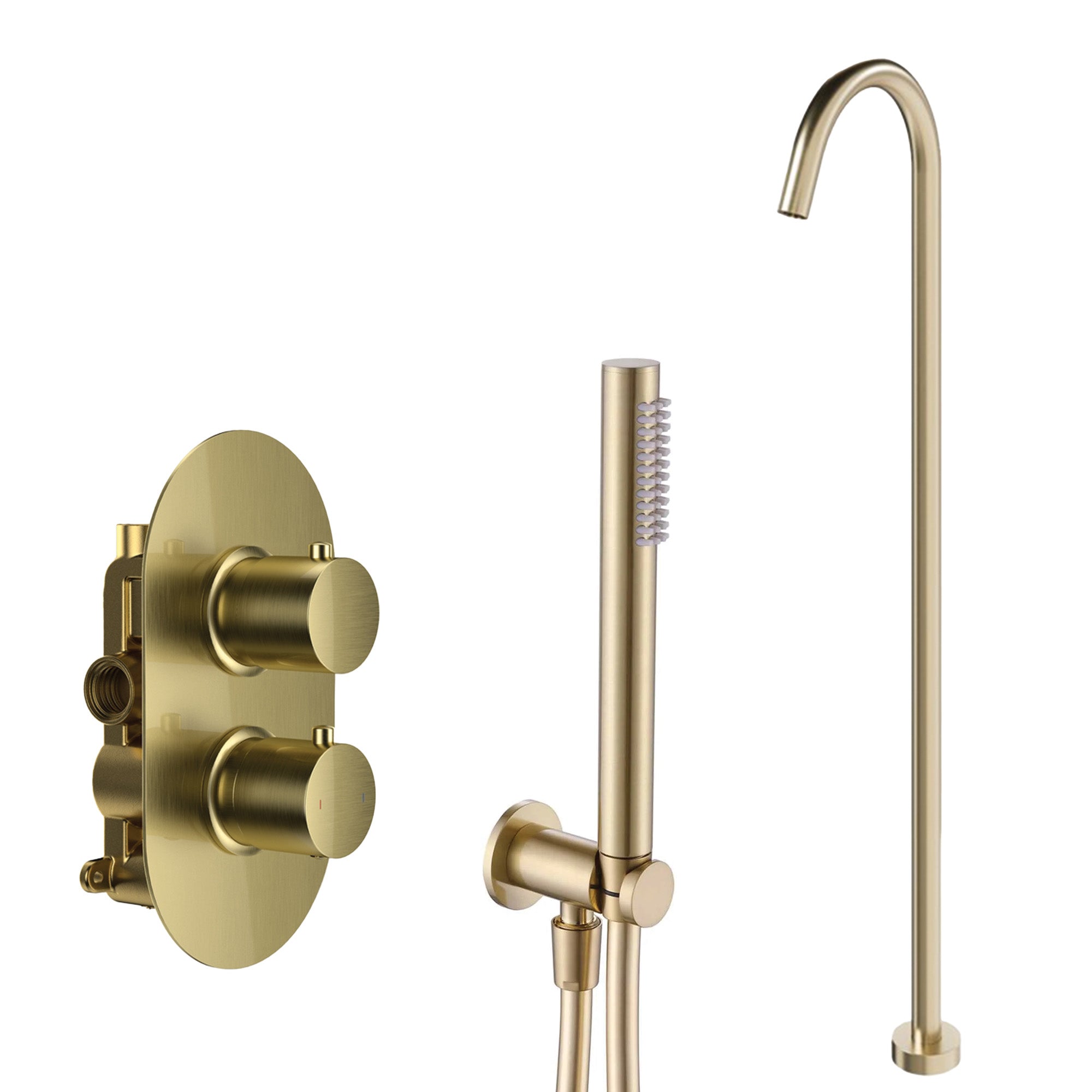 Granlusso Portofino 2 Outlet Thermostatic Shower Valve With Pencil Handset and Freestanding Bath Spout  Brushed Brass