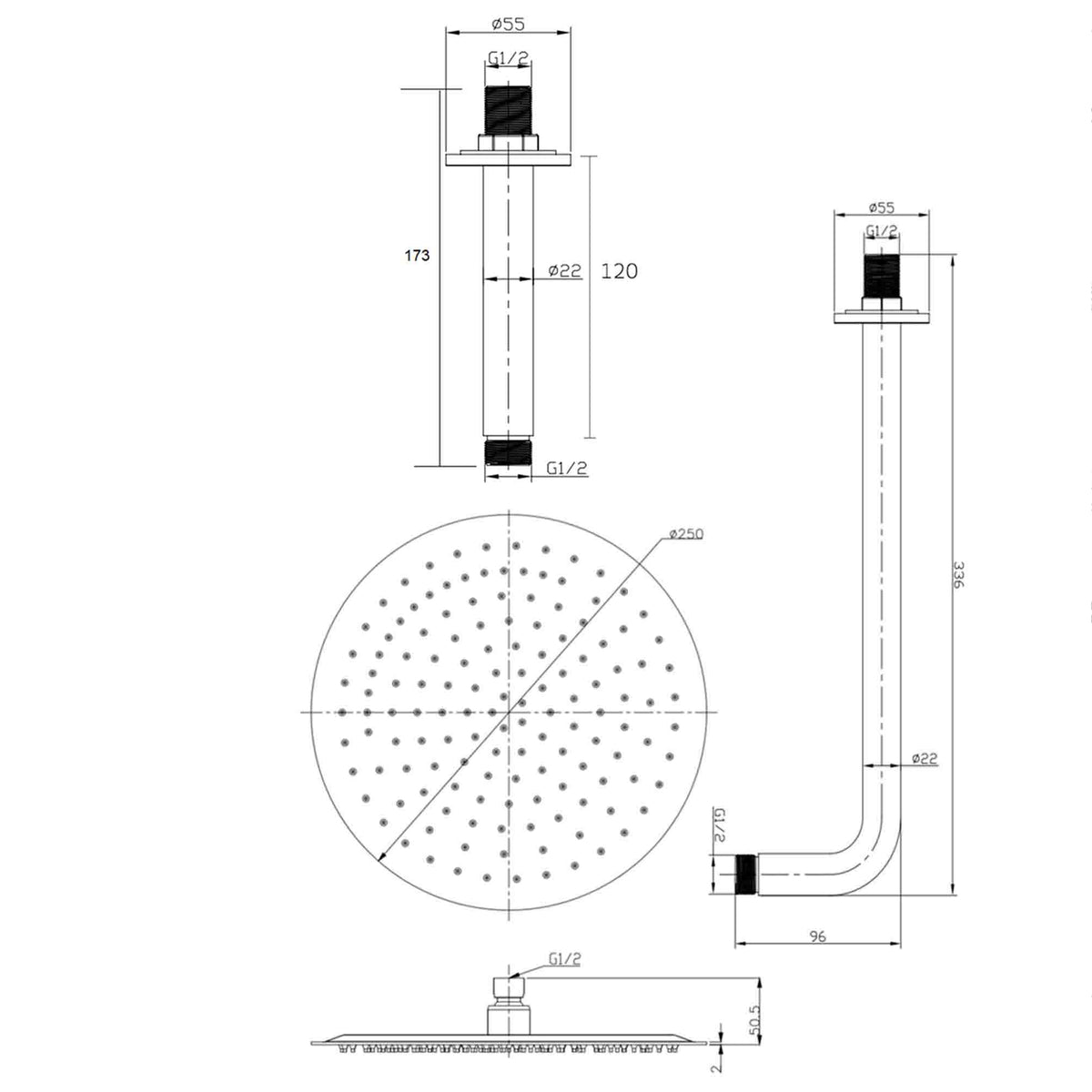 Granlusso Portofino Fixed shower head dimensions diagram