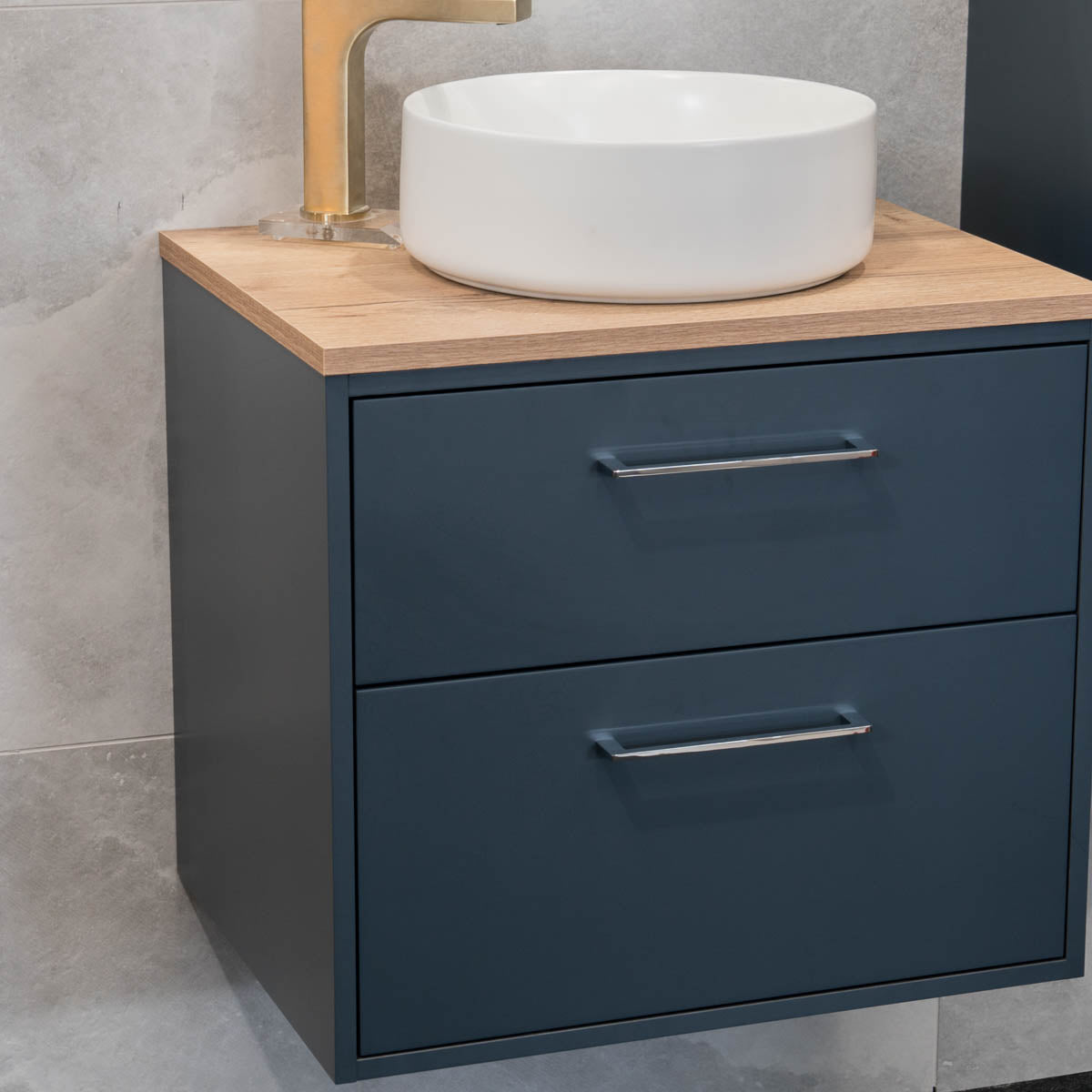 Granlusso Serenity Blue Wall Hung Vanity Unit With Oak Worktop and Open Shelves