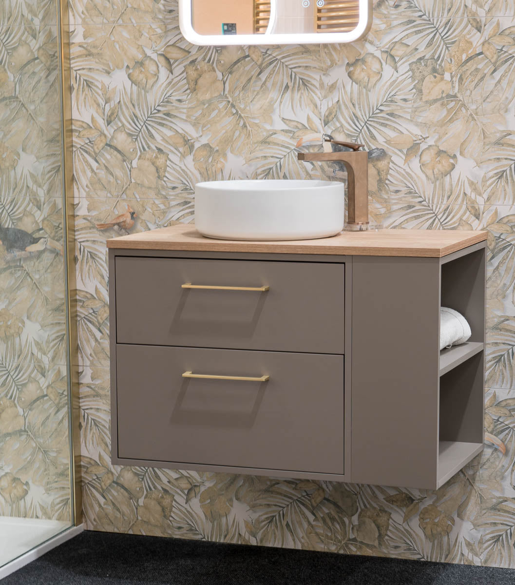 Granlusso Serenity Wall Hung Vanity Unit With Oak Worktop and Open Shelves