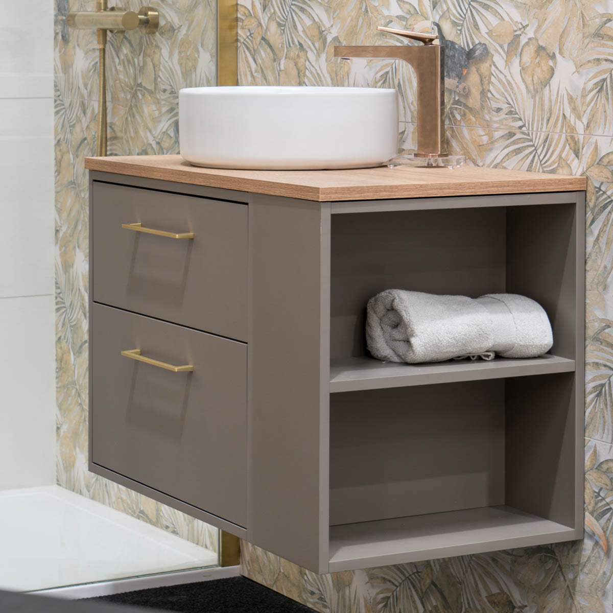 Granlusso Serenity Wall Hung Vanity Unit With Oak Worktop and Open Shelves