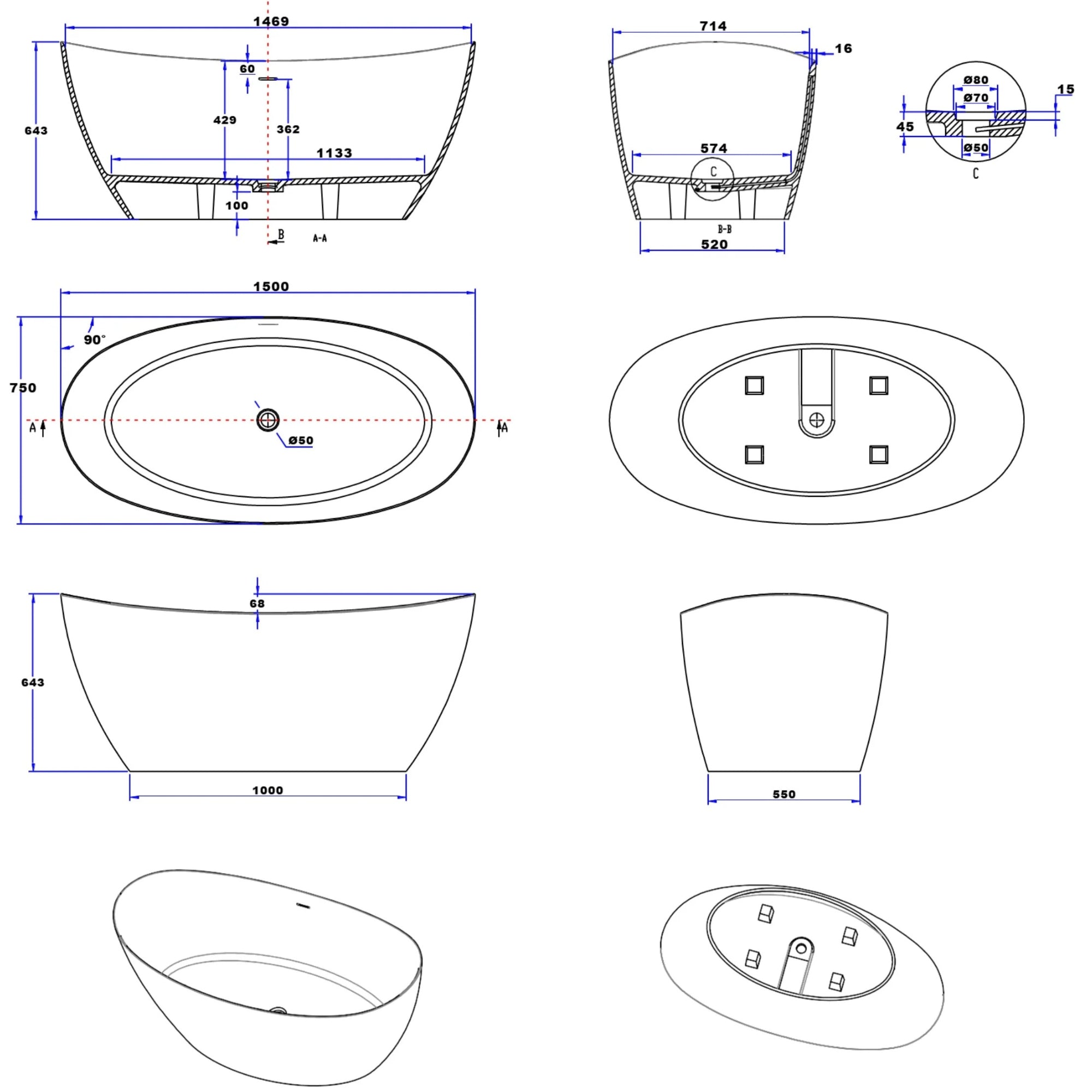 Technical dimension drawing of a freestanding oval bathtub, showing multiple orthographic views with measurements, cutaway sections, and a top-down base view
