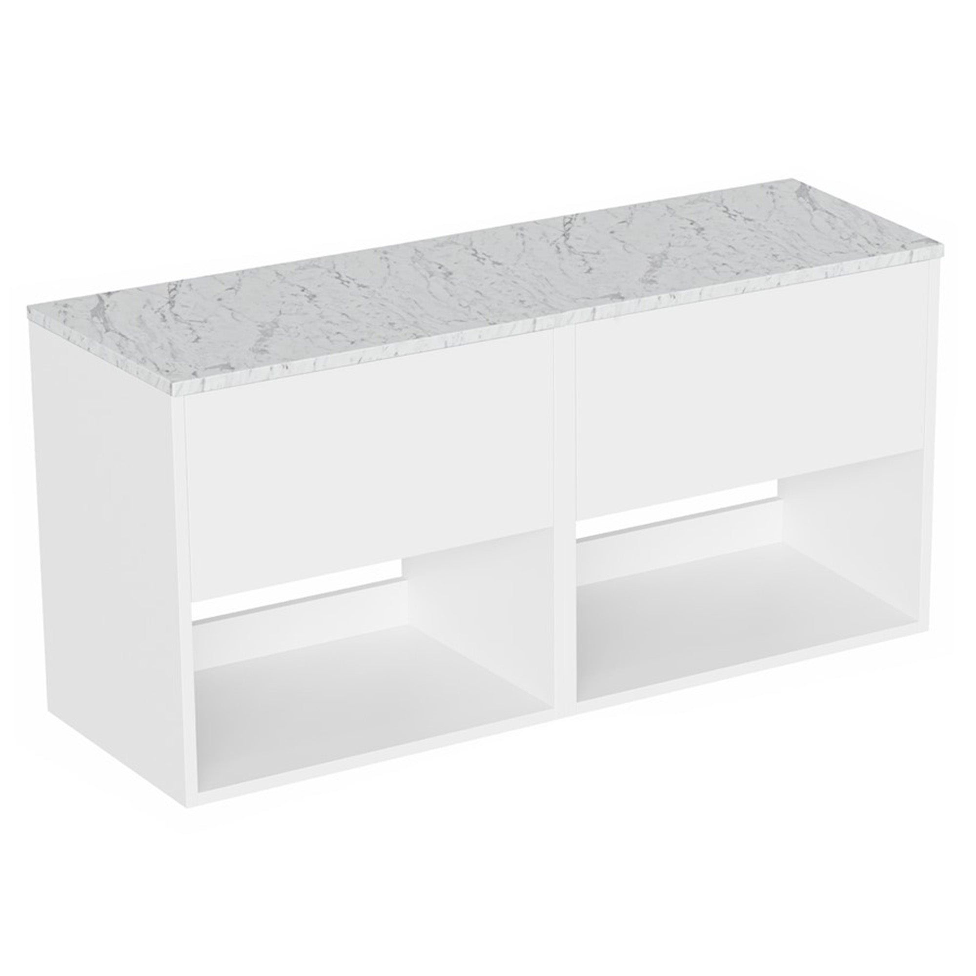hackney 1200mm wall mounted double vanity unit with carrara worktop and open shelves gloss white